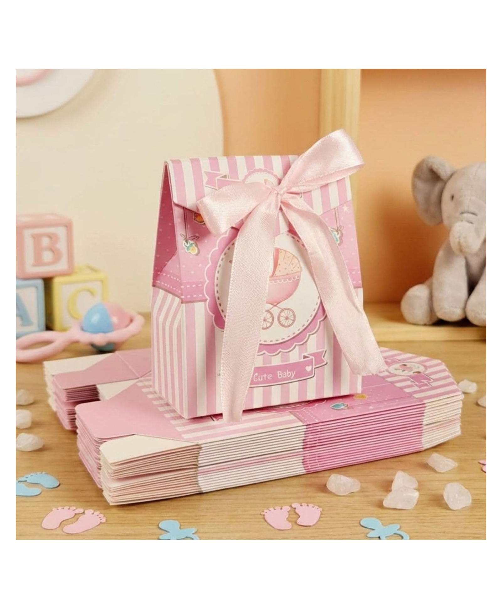 FunBlast Small Baby Shower Theme Folding Gift Box with Ribbons Pack of 10 Pcs (Pink)-image-46