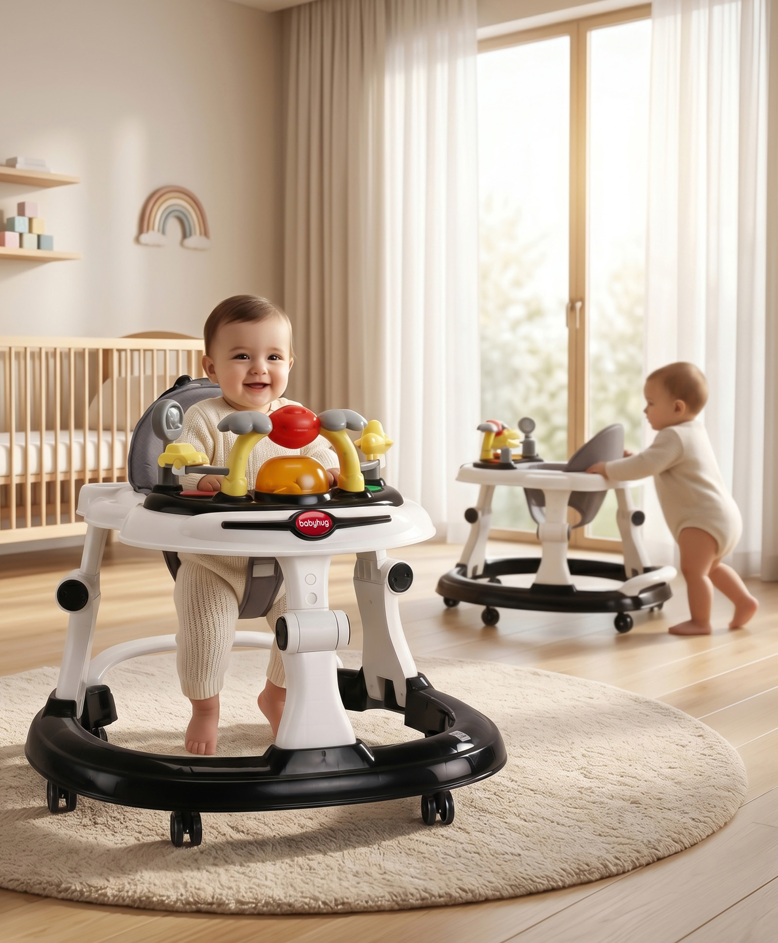 Babyhug 2-in-1 Baby Walker & Push Walker With Musical Play Tray - Black & White|Soft Cushion Seat|Compact Fold|Caster Wheels|Adjustable Height|Removable Activity Tray| Toy for 9+ months|Gifting Option-image-31