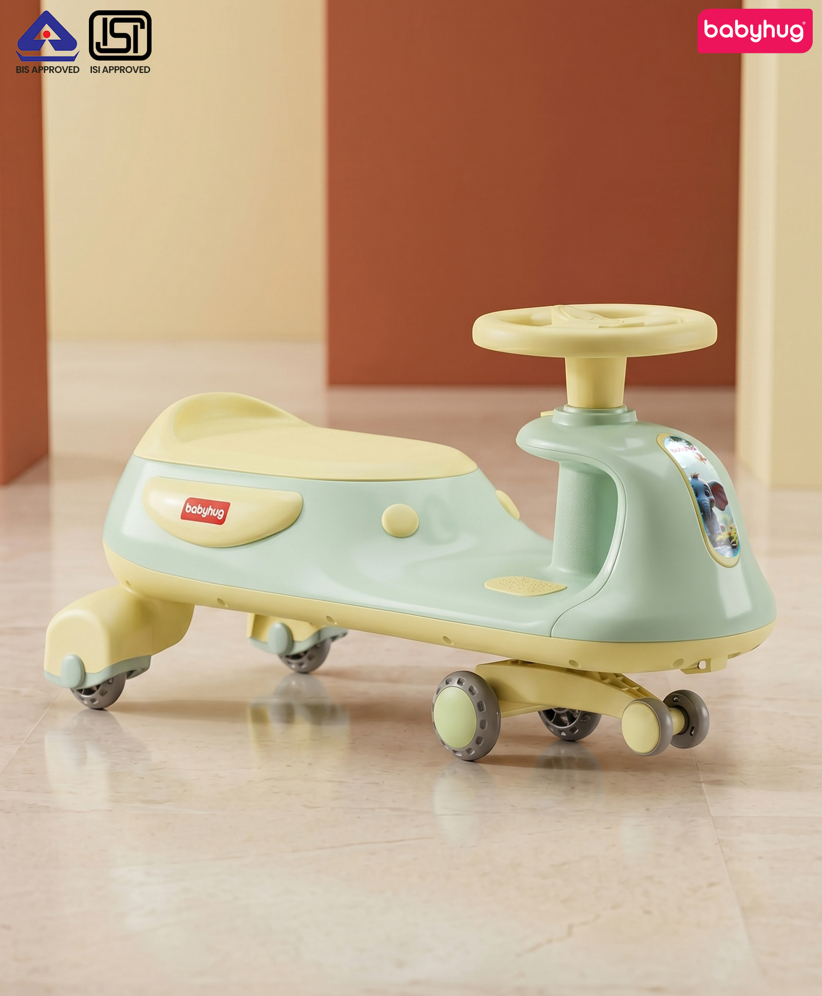Babyhug Kids Twister Swing Car With LED Lights & Music - Yellow| Smooth PU Wheels| Encourages Active Play|Built for Rough Play| Easy to Handle| Sport Gift for 3 to 8 yrs Boys & Girls| Comfortable Seat