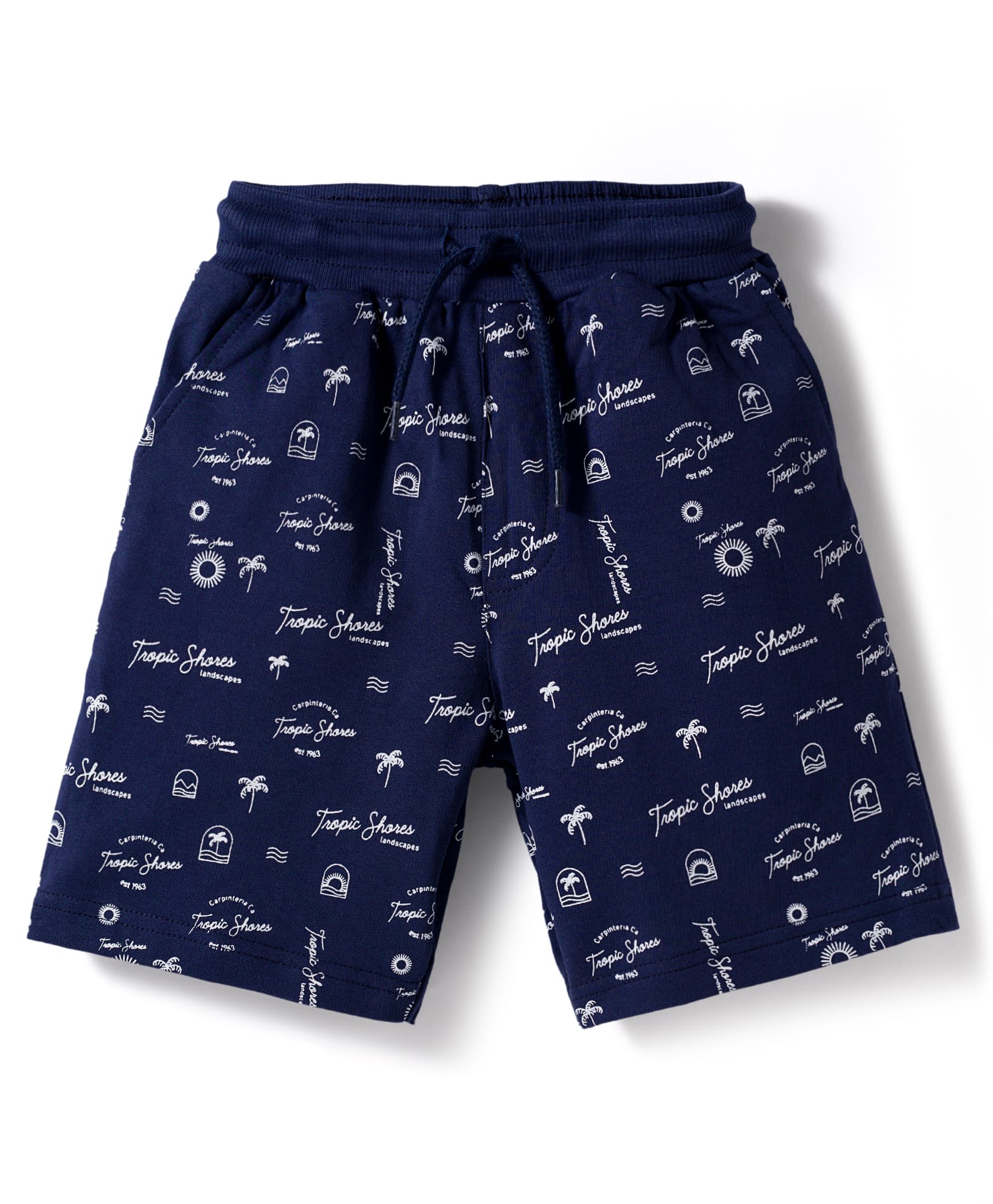 Taeko Single Jersey Knit Knee Length Shorts with Beach Theme Print - Navy Blue-image-36