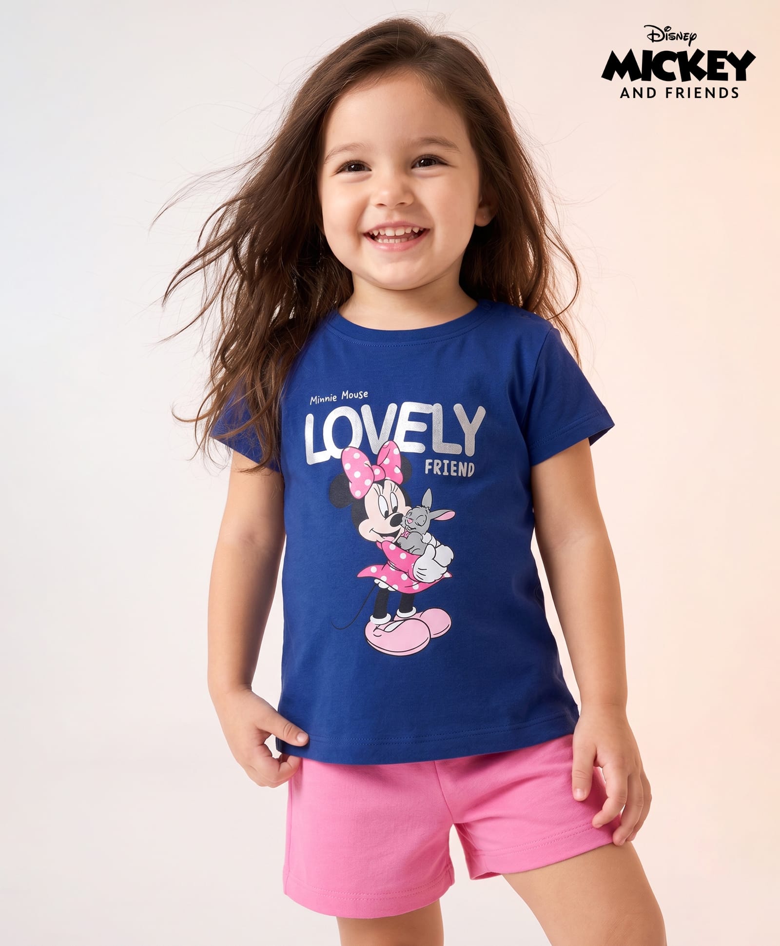 Babyhug Disney 100% Cotton Knit Half Sleeves T-Shirt & Shorts Night Suit With Minnie Mouse Graphic - Navy Blue & Pink-image-10