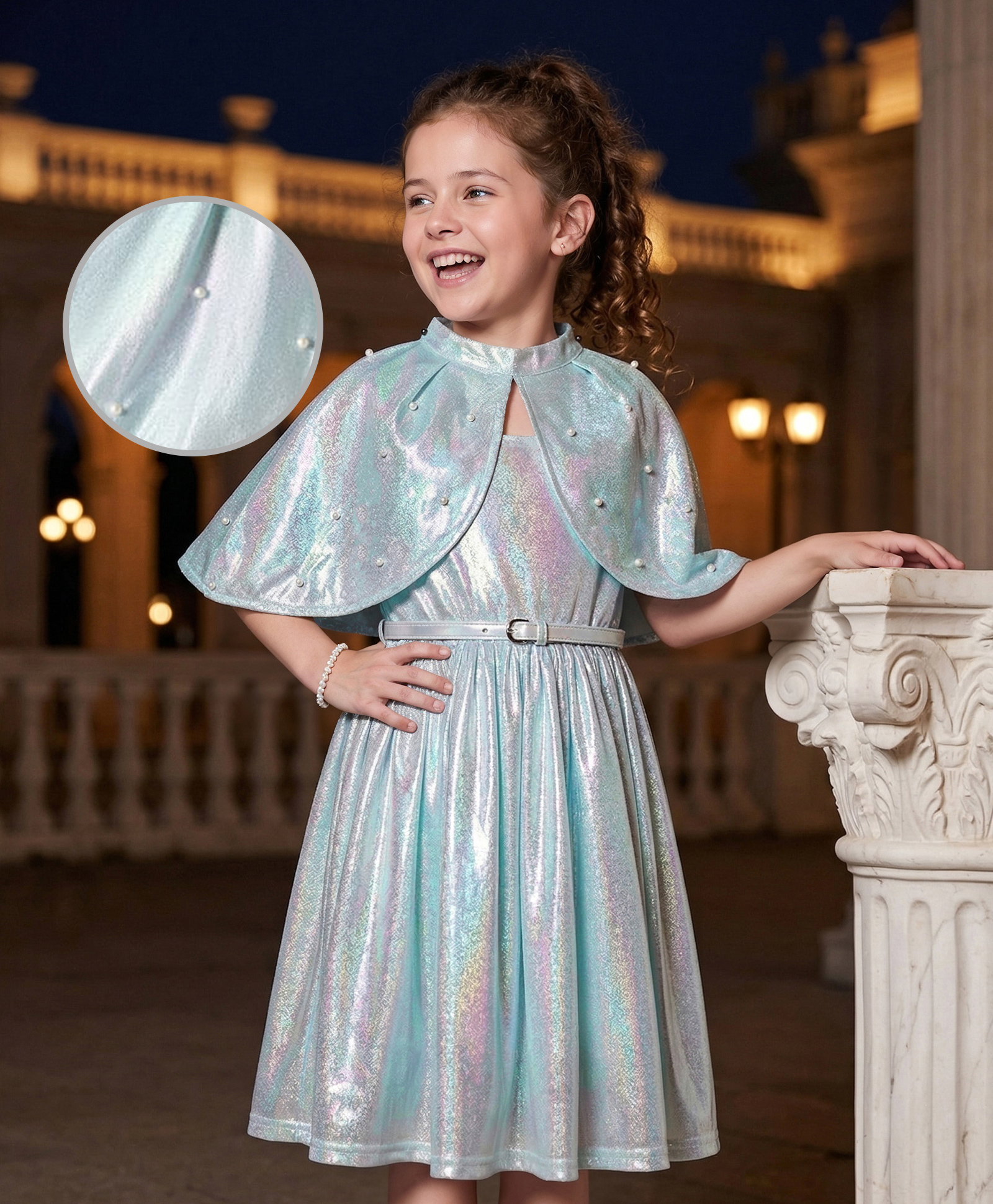 Hola Bonita Knit Sleeveless Shimmer Party Dress With Pearl Detailed Cape & Belt - Blue-picture-24