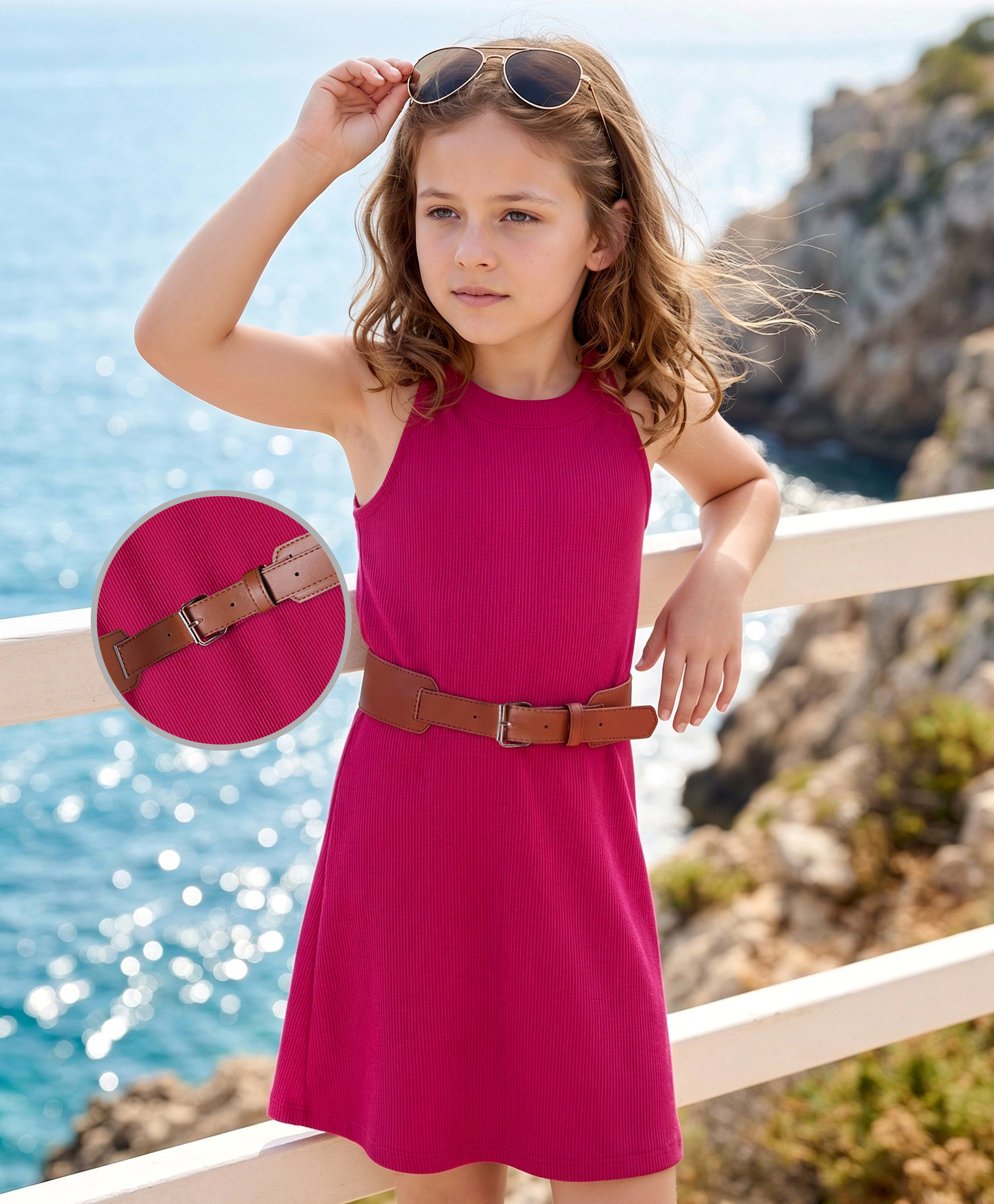 Hola Bonita Knit Sleeveless Rib Fabric Solid Dress With Belt - Pink-image-22