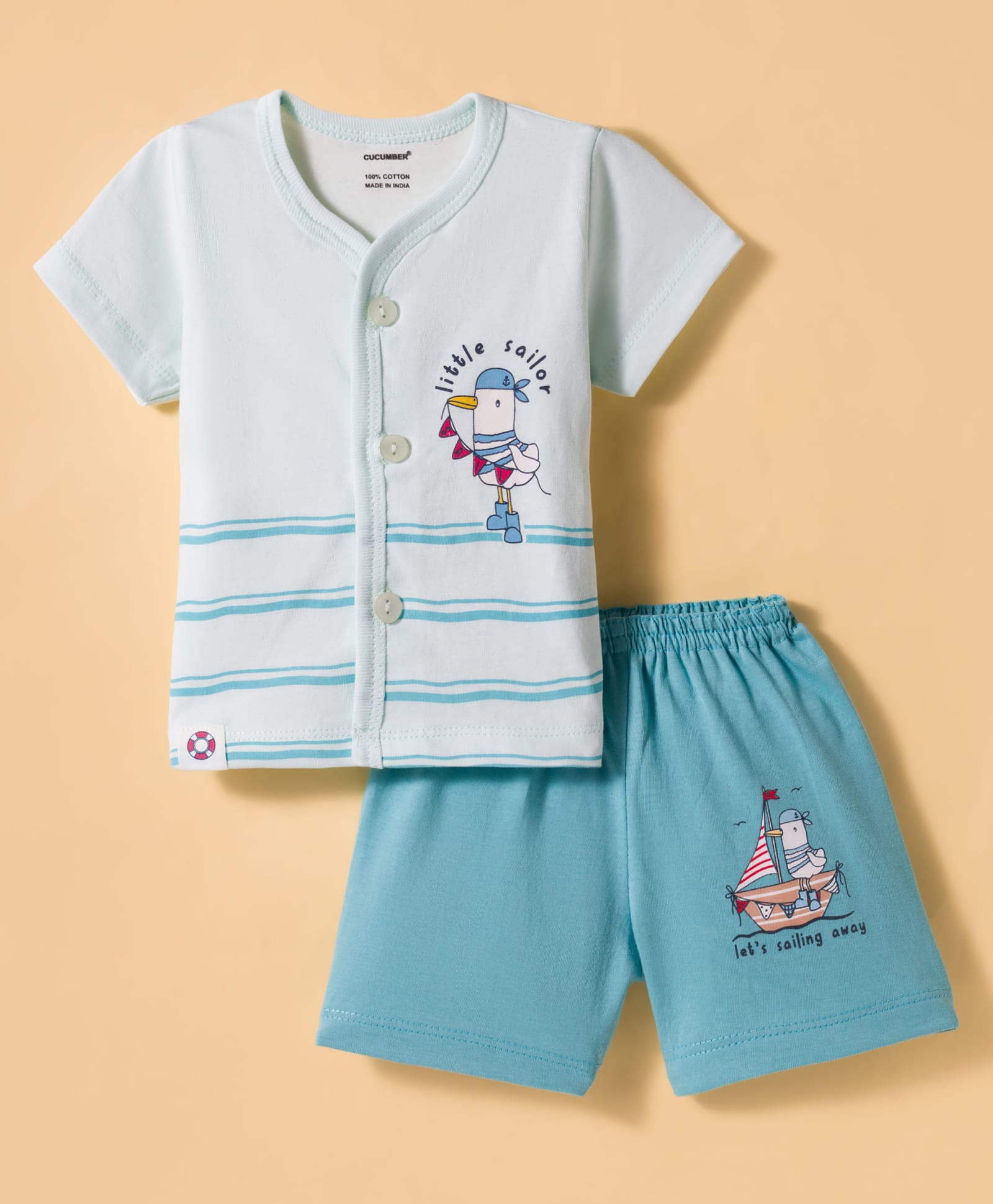 CUCUMBER Sinker Knit Half Sleeves T-Shirt & Shorts Set With Bird Print - Light Blue-image-3