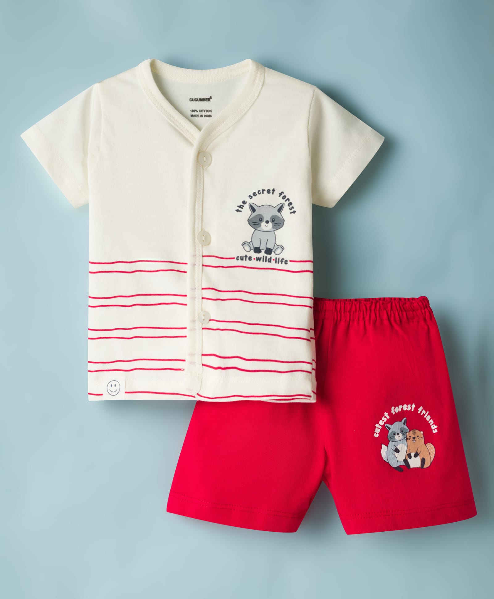 CUCUMBER Sinker Knit Half Sleeves Front Open T-Shirt & Shorts Set with Kitty Print - Off White-picture-19