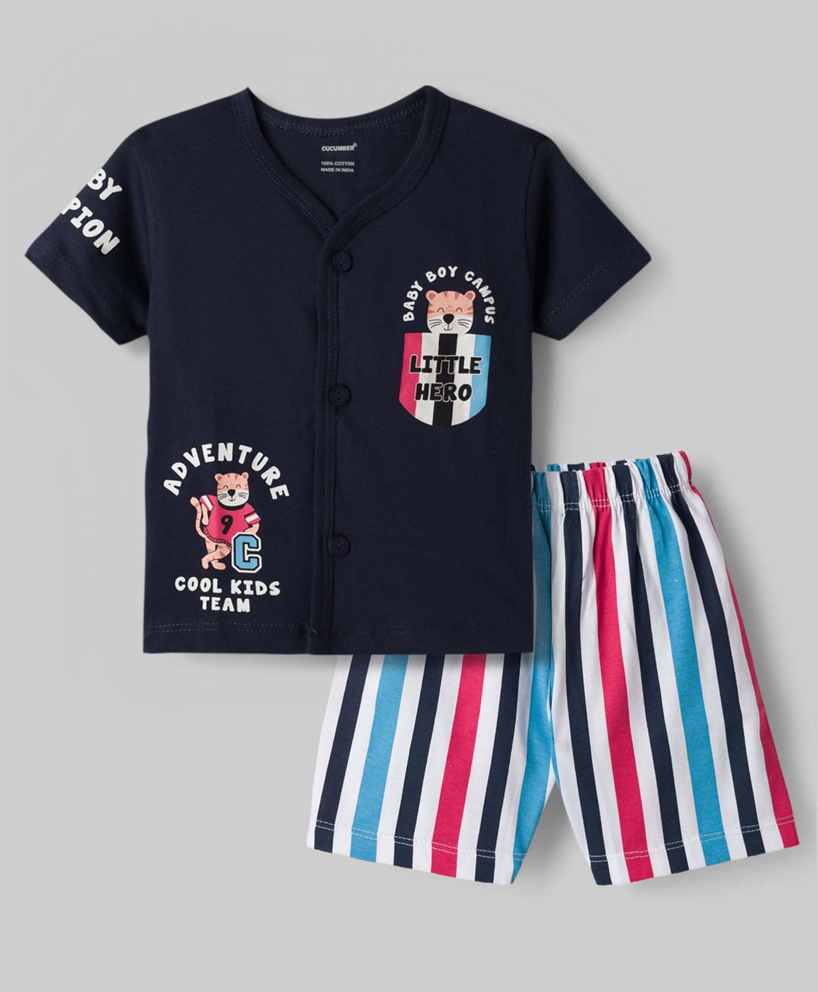 CUCUMBER Sinker Knit Half Sleeves T-Shirt & Shorts Set With Tiger Print - Navy Blue-image-14