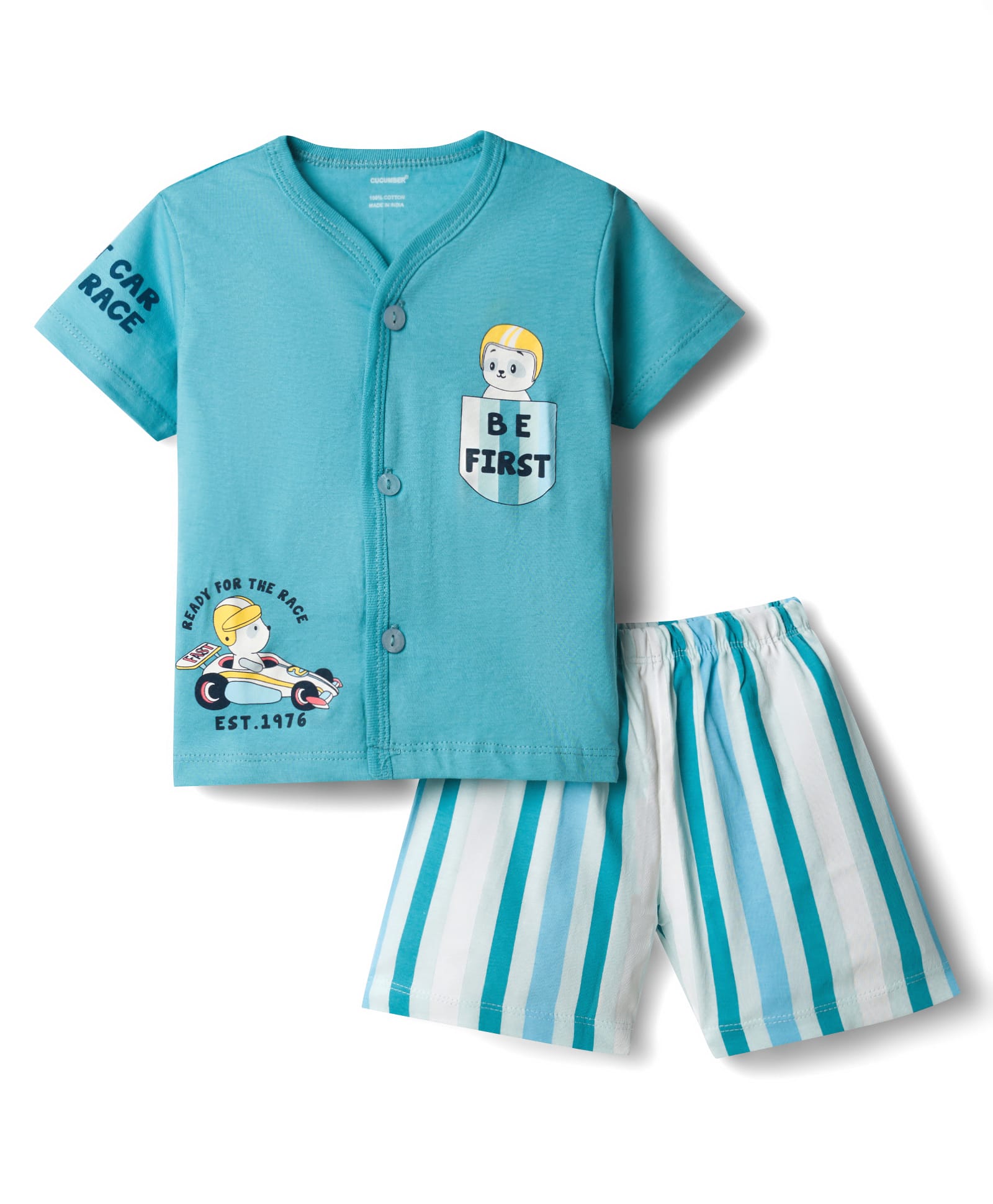 CUCUMBER Sinker Knit Half Sleeves Front Open T-Shirt & Shorts Set with Racing Print & Stripes - Light Blue-picture-26