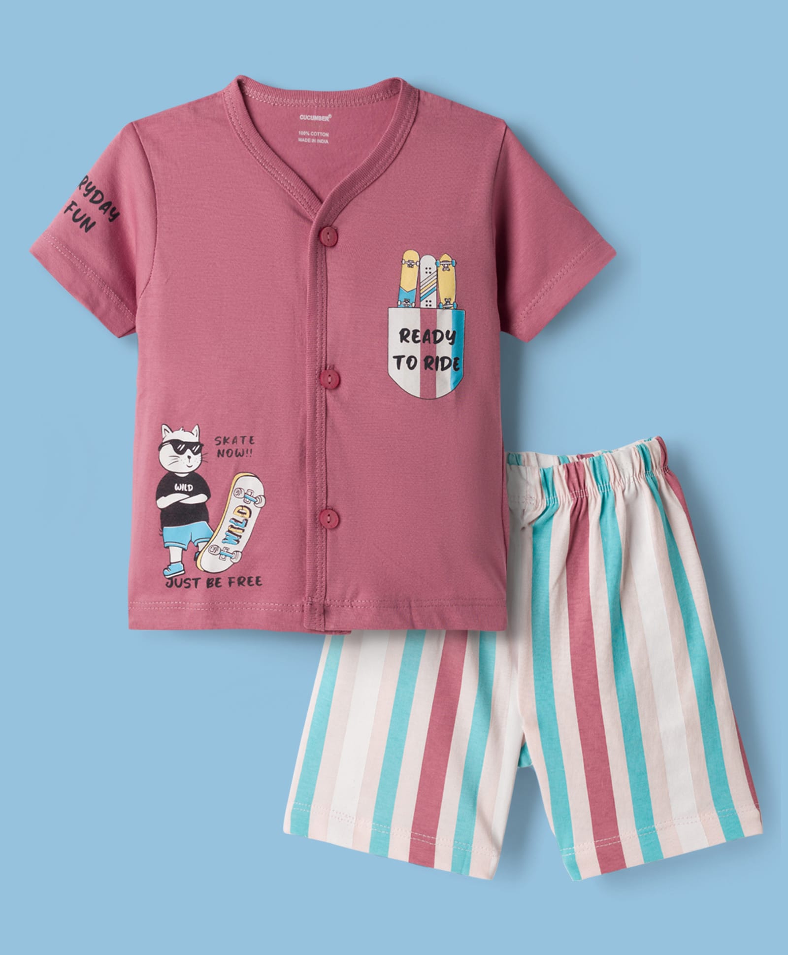 CUCUMBER Sinker Knit Half Sleeves T-Shirt & Shorts Set With Cat Print - Pink-picture-10