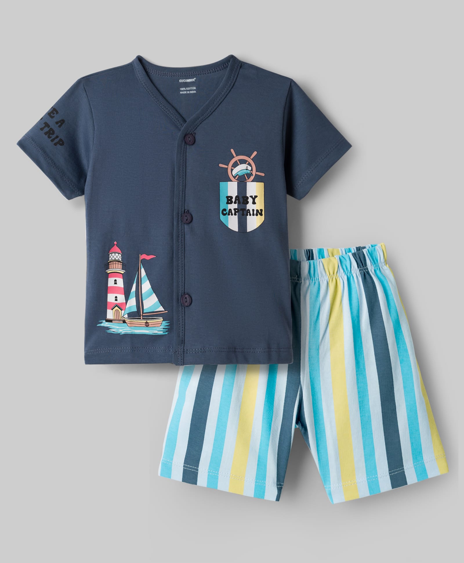 CUCUMBER Sinker Knit Half Sleeves T-Shirt & Shorts Set With Nautical Theme Print - Navy Blue-picture-26