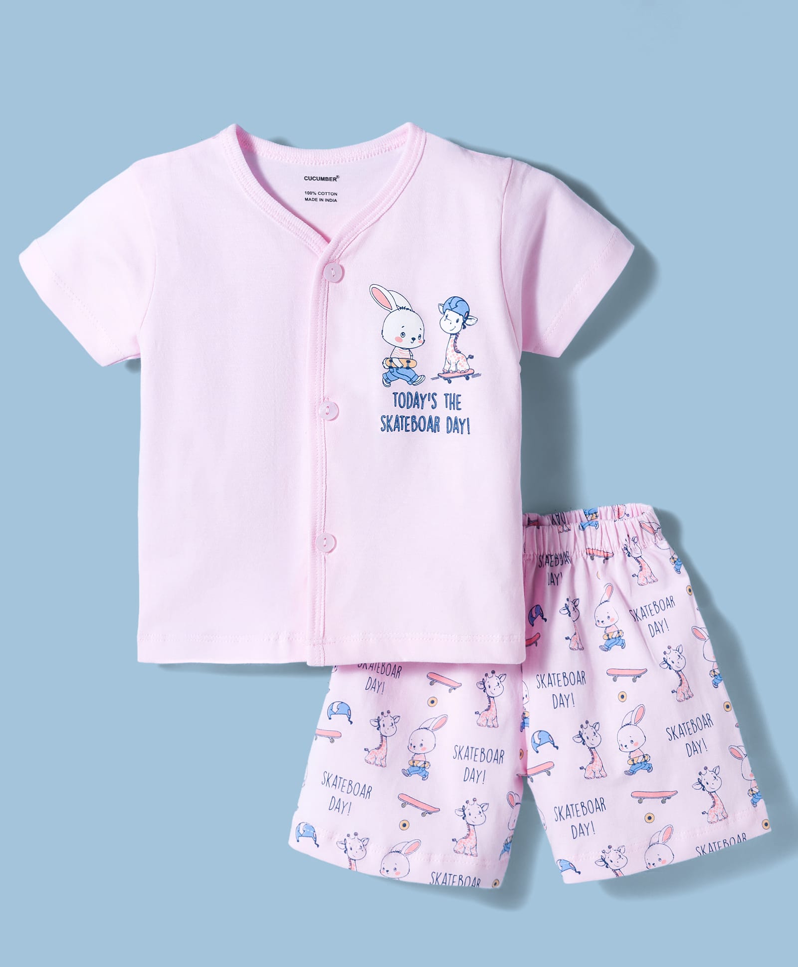 CUCUMBER Sinker Knit Half Sleeves T-Shirt & Shorts Set with Skating Print - Baby Pink-picture-22