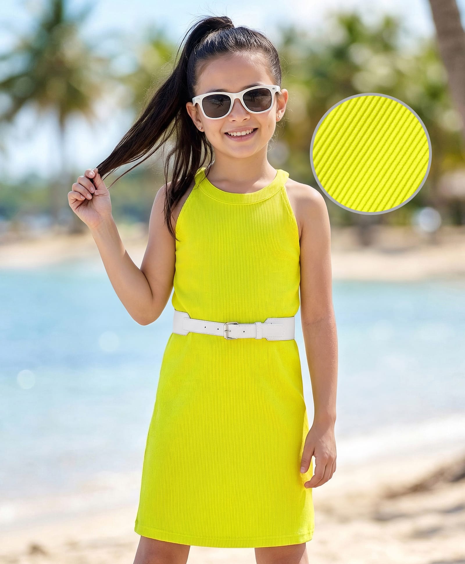 Hola Bonita Knit Sleeveless Solid Textured Frock With Belt - Lime Green-image-48