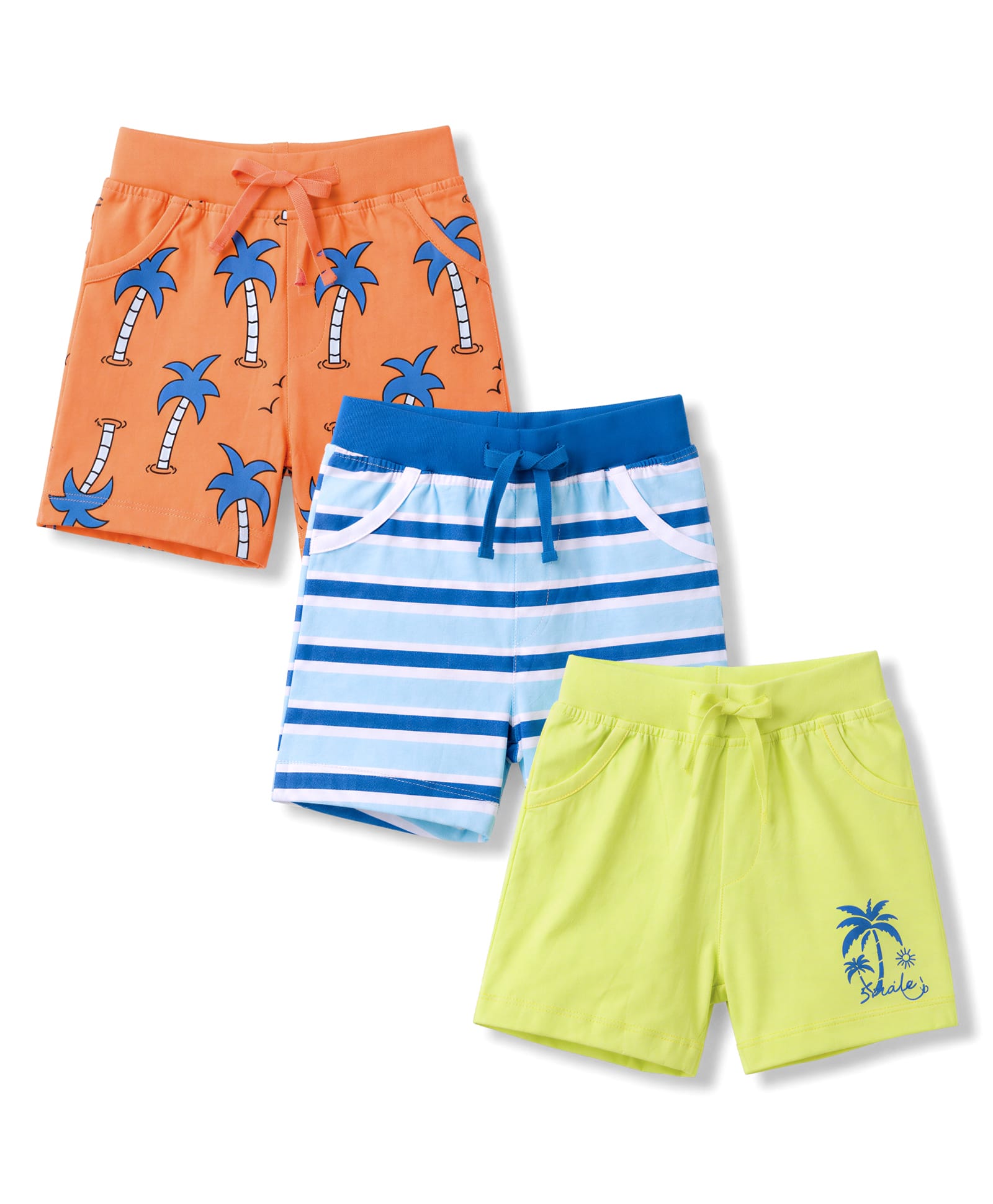 Doodle Poodle 100% Cotton Knit Knee Length Striped & Beach Theme Printed Shorts Pack Of 3 - Orange Light Blue & Lime Green-picture-27