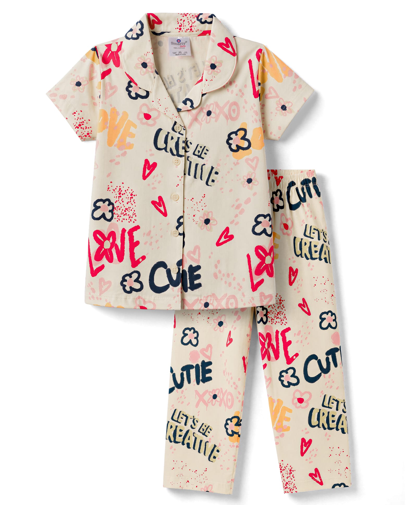 Smarty Girls Sinker Knit Half Sleeves Shirt & Pyjama Co-Ord Night Suit With Text Print - Cream-picture-38