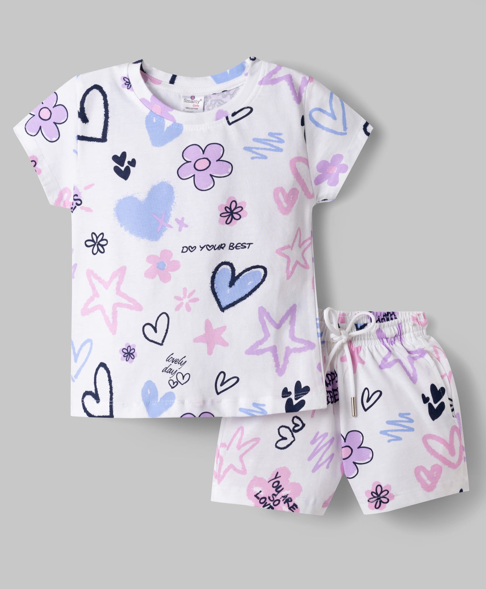 smarty girls Smarty Sinker Knit Half Sleeves Co-Ord T-Shirt & Shorts Night Suit With Floral Print & Heart Print - White-picture-6