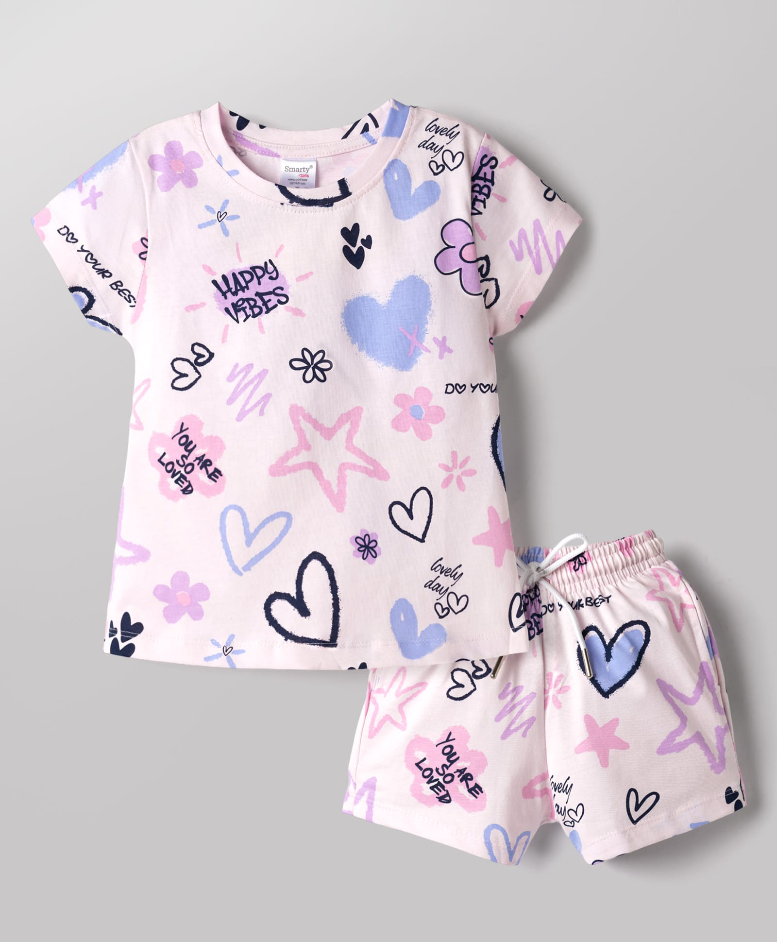 smarty girls Smarty Sinker Knit Half Sleeves Co-Ord T-Shirt & Shorts Night Suit With Floral Print & Heart Print - Baby Pink-picture-37