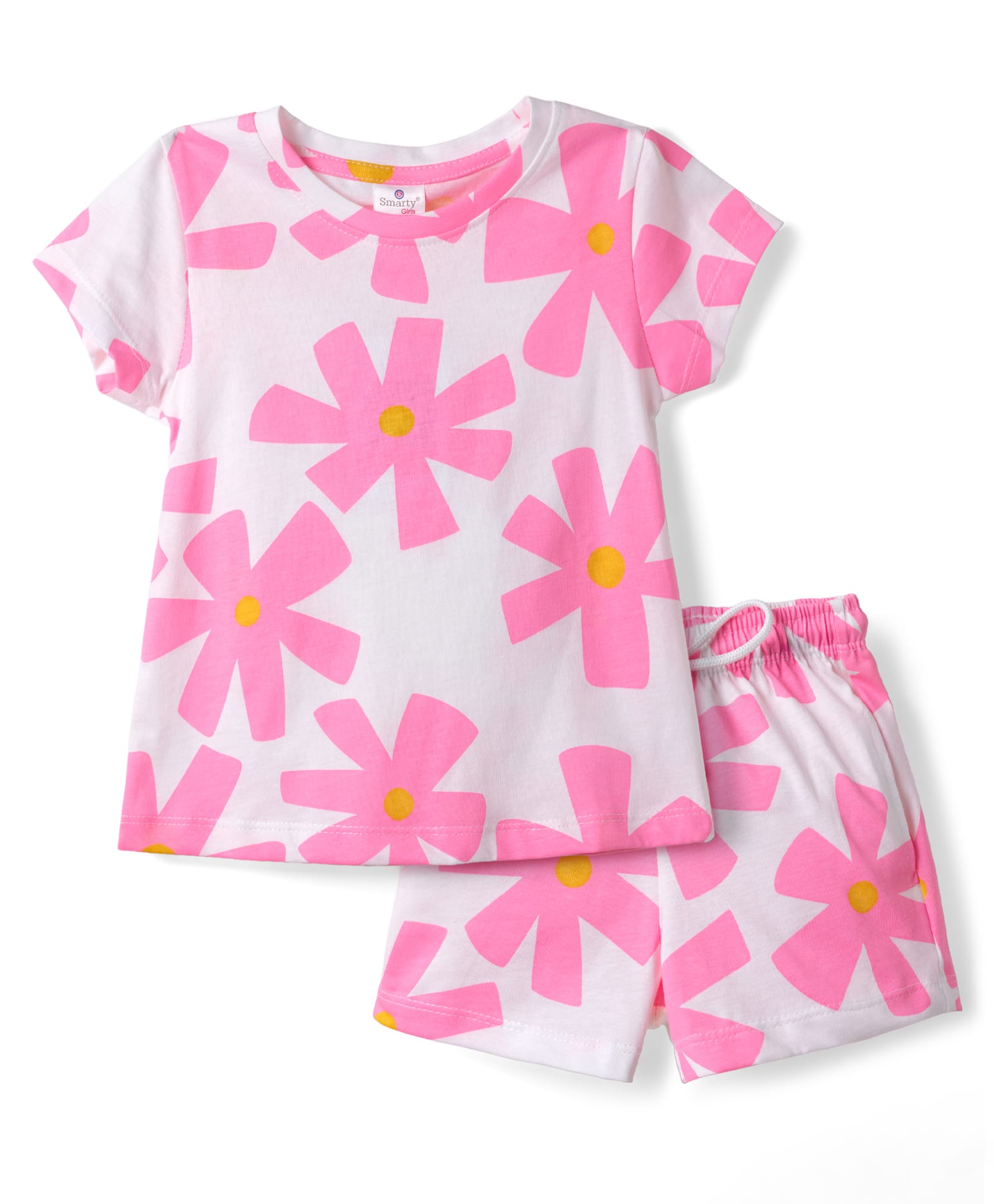 Smarty Girls Sinker Knit Half Sleeves Floral Printed Co-Ords T-Shirt & Shorts Night Suit - White-picture-25