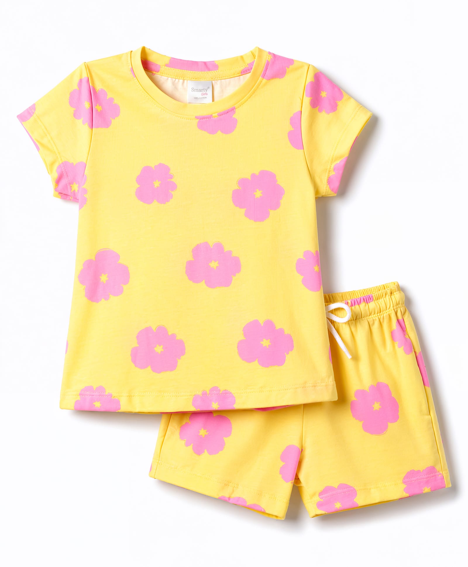 Smarty Girls Sinker Knit Half Sleeves Floral Printed Co-Ords T-Shirt & Shorts Night Suit - Lemon Yellow-picture-23