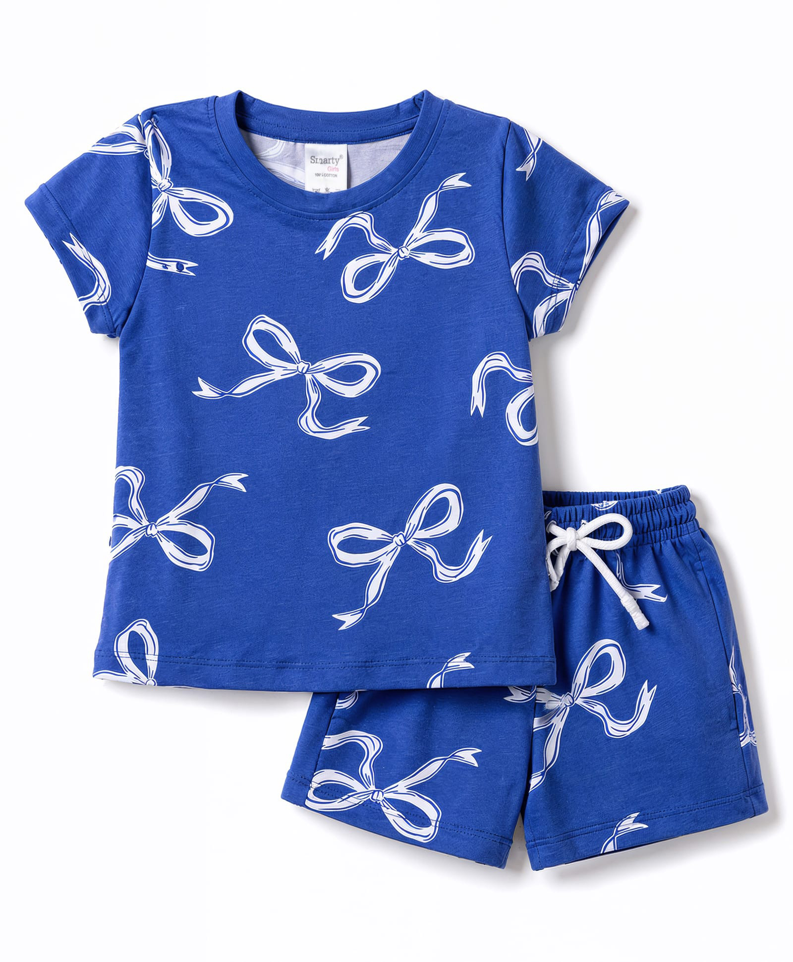Smarty Girls Sinker Knit Half Sleeves Bow Printed Co-Ords T-Shirt & Shorts Night Suit - Blue-picture-29