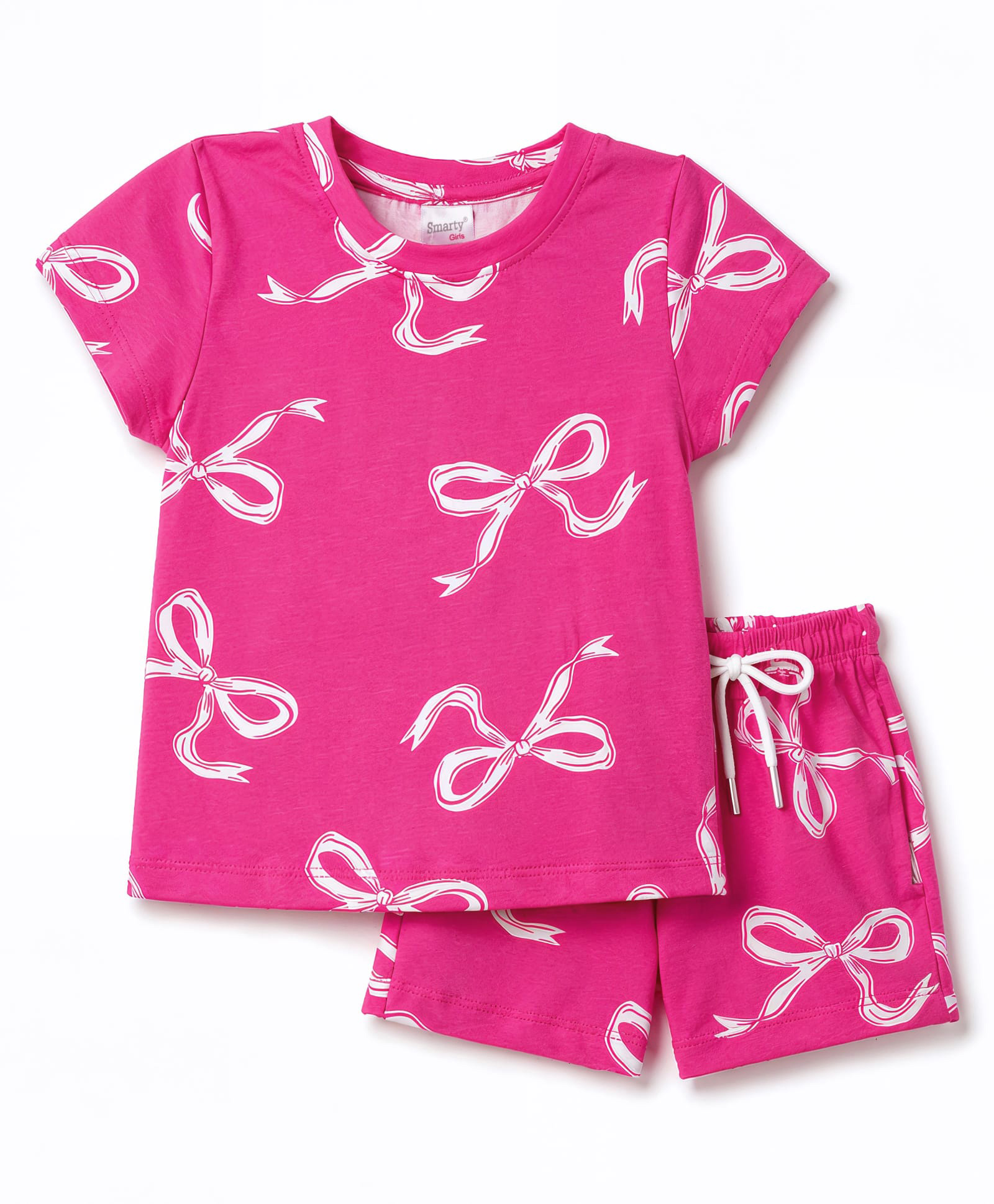 Smarty Girls Sinker Knit Half Sleeves Bow Printed Co-Ords T-Shirt & Shorts Night Suit - Dark Pink-picture-35