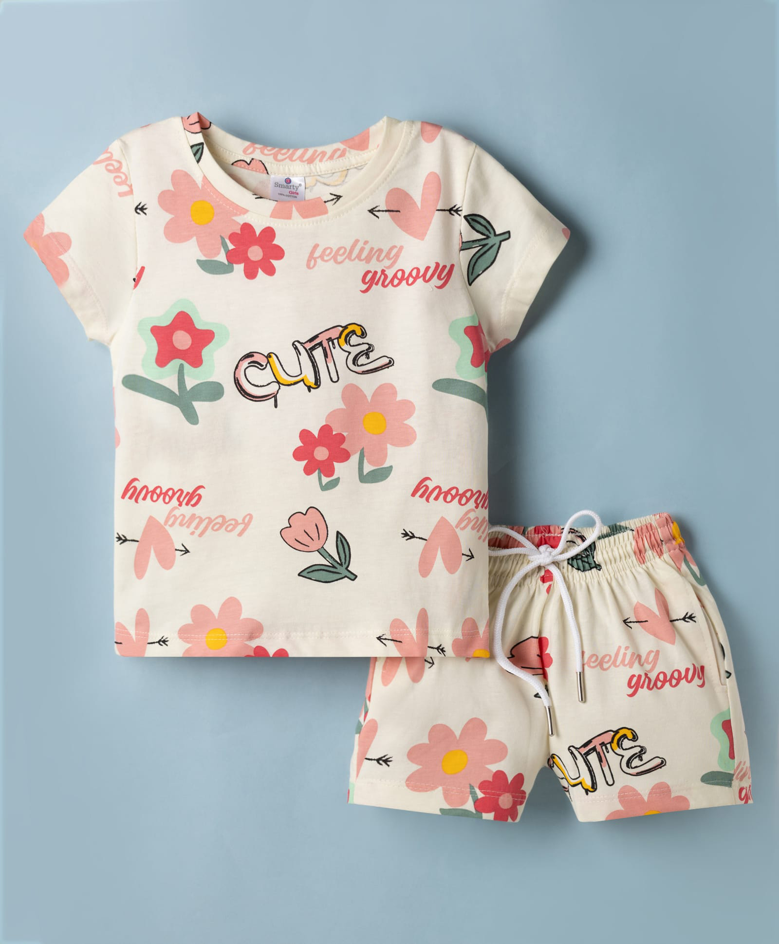 Smarty Girls 100% Cotton Knit Half Sleeves Floral Printed Co-Ords T-Shirt & Shorts Night Suit - Cream-picture-4