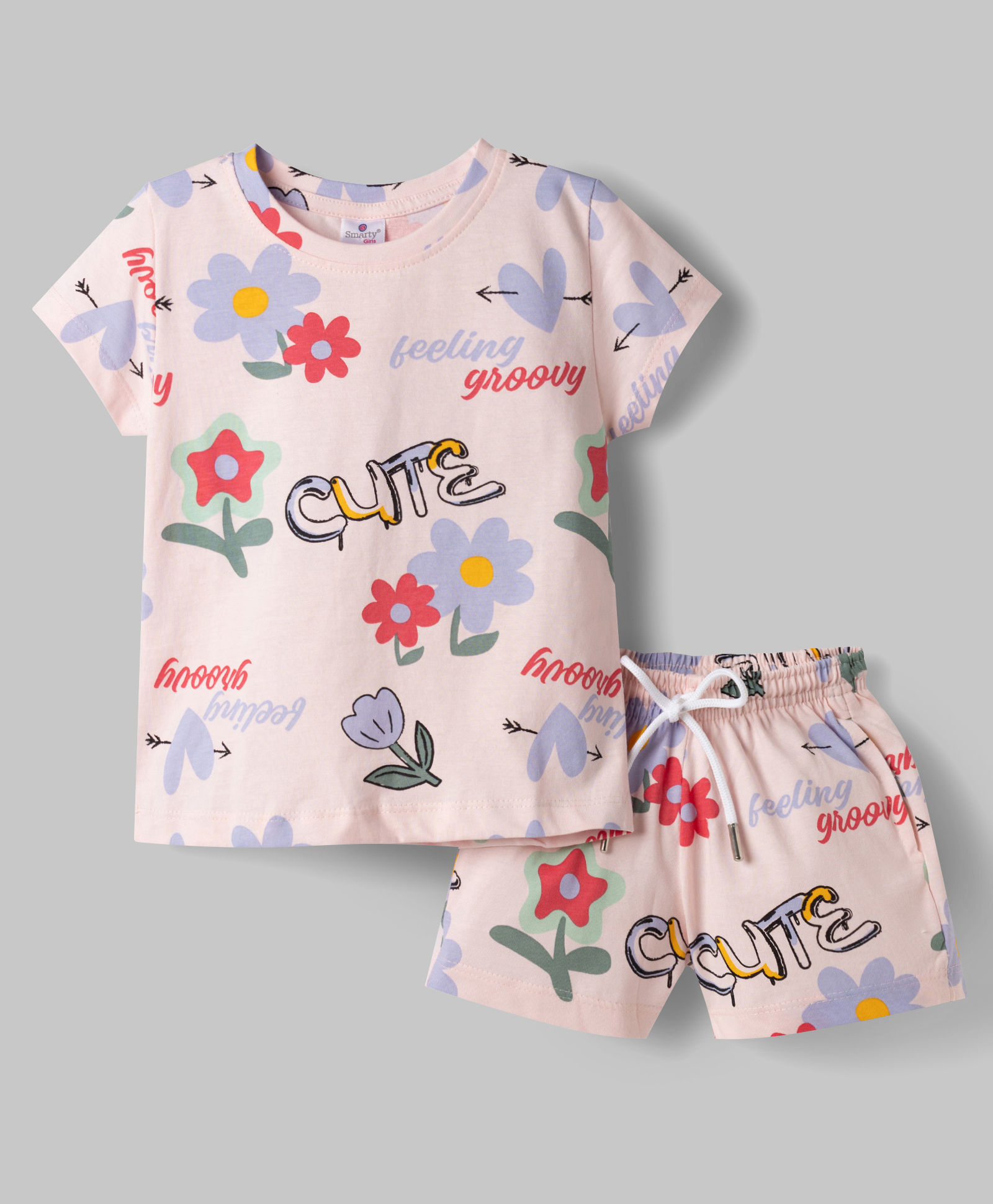 Smarty Girls 100% Cotton Knit Half Sleeves Floral Printed Co-Ords T-Shirt & Shorts Night Suit -Baby Pink-picture-9