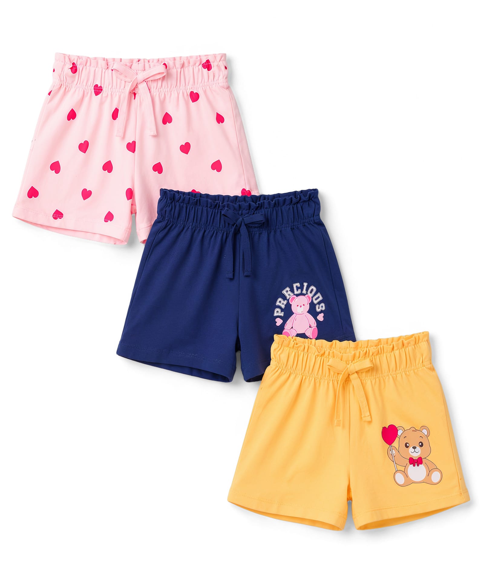 Doodle Poodle 100% Cotton Single Jersey Knit Knee Length Shorts With Heart & Animal Print Pack of 3 - Navy Blue Pink & Yellow-picture-15