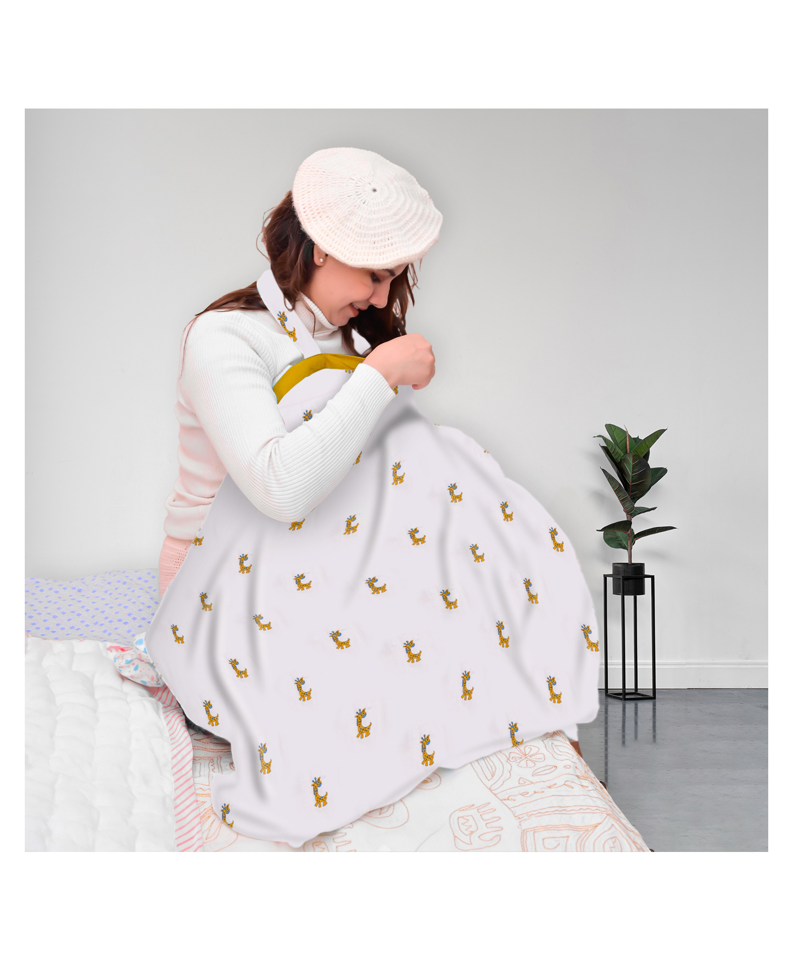 Mom's Home Organic Cotton Muslin Nursing Cover For Breastfeeding Feeding Apron with Yellow Giraffe Print-image-29