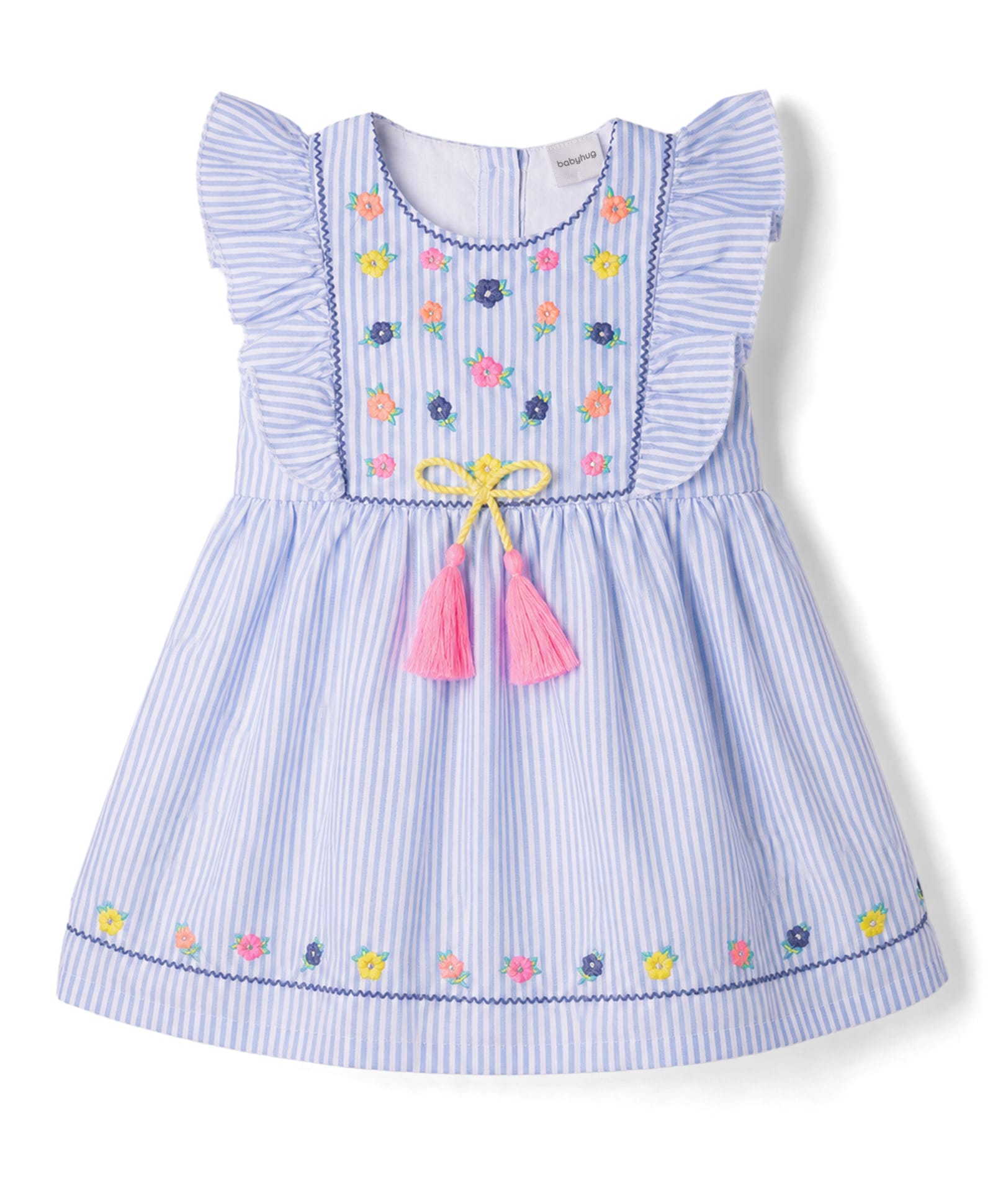Babyhug Woven Half Frill Sleeves Floral Embroidered & Striped Frock - Light Blue-image-42