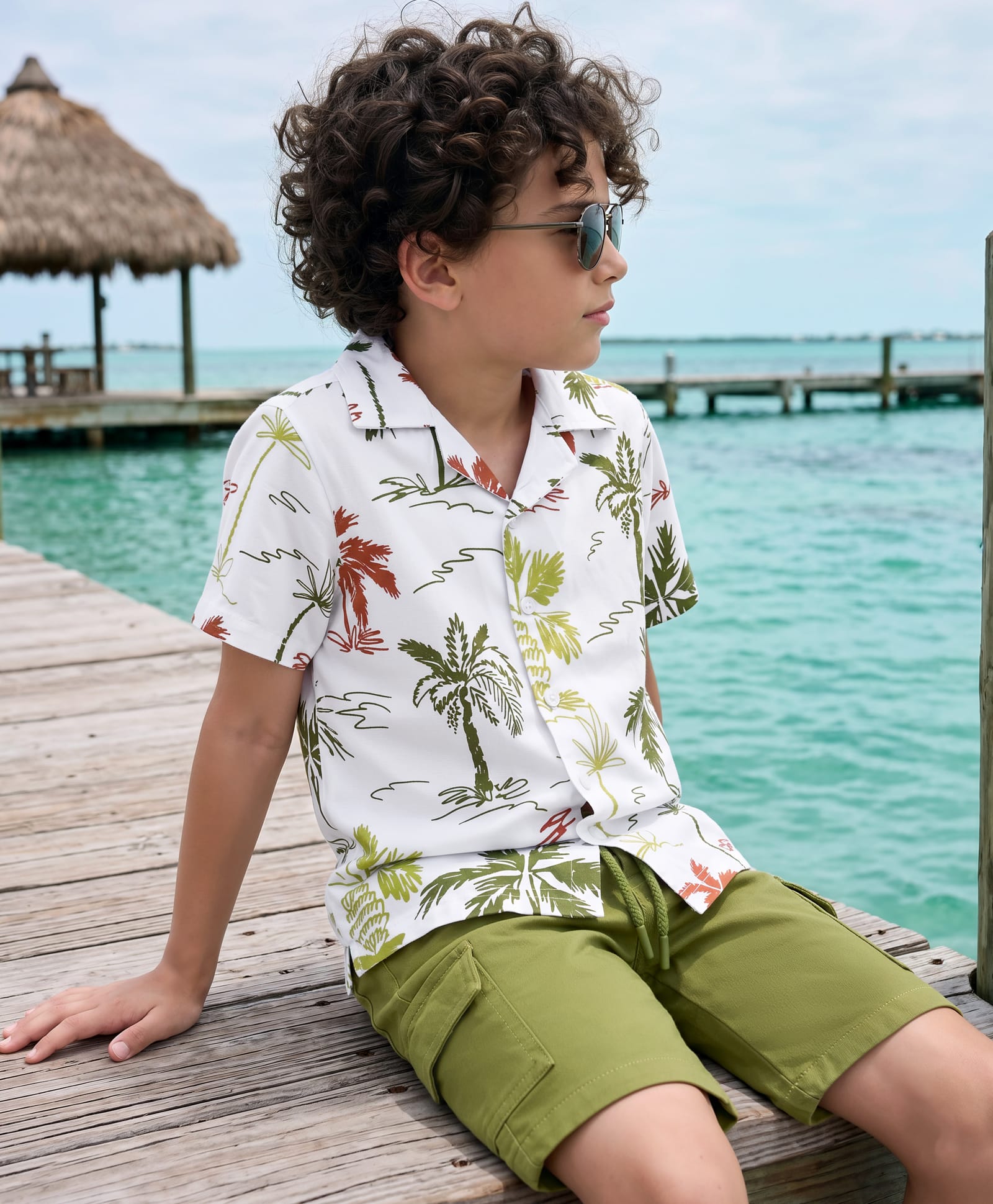 OLLINGTON ST. Cotton Knit Half Sleeves Tropical Theme Printed Resort Collar Shirt & Twill Shorts Set-Multicolour & Olive-picture-14