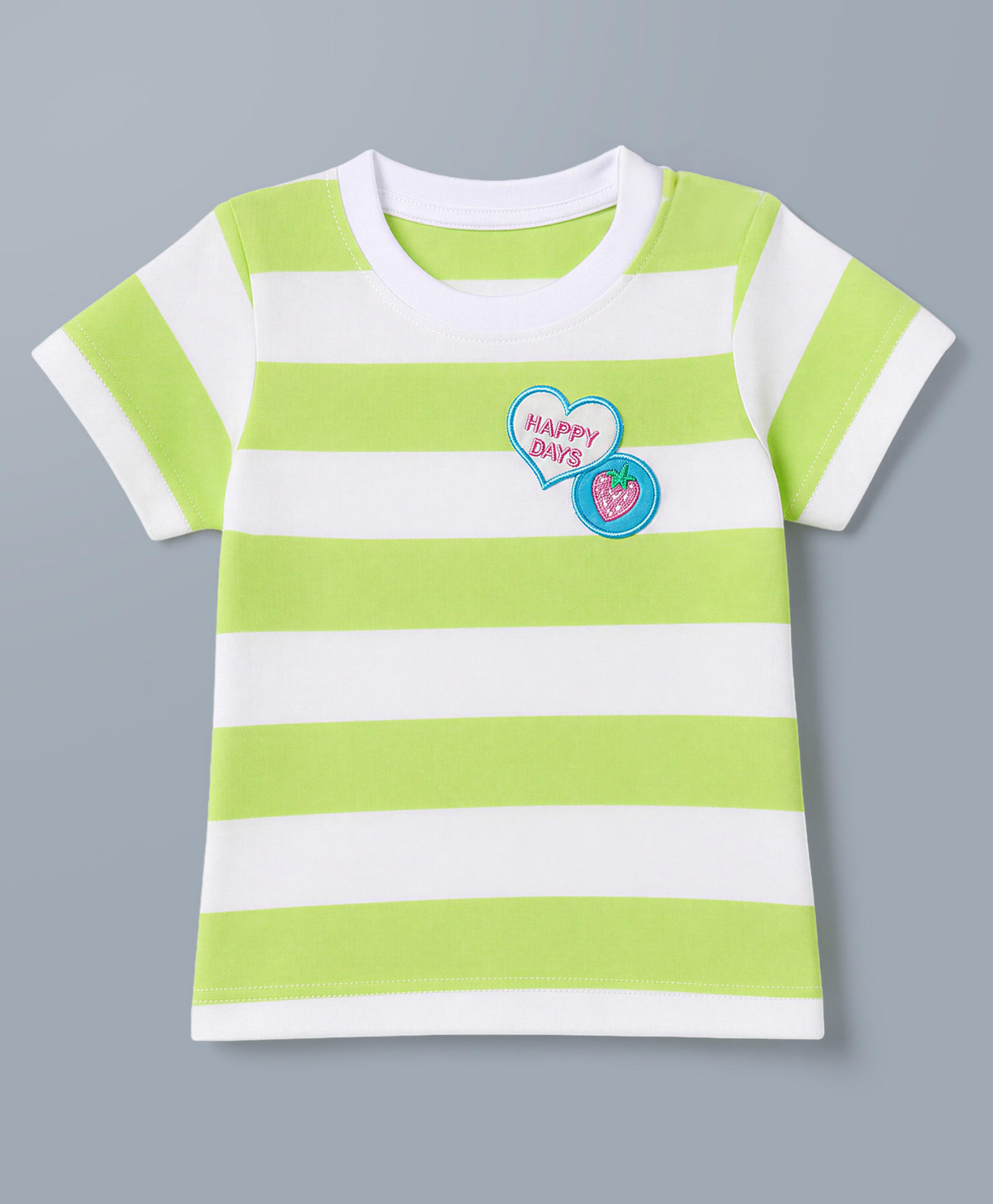 Babyhug Cotton Striped T-Shirt with Half Sleeves and Happy Days Embroidery in Lime Green-image-48