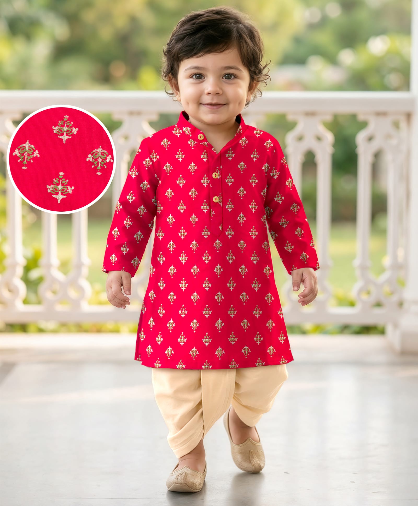 EARTHY TOUCH Cotton Jersey Knit Full Sleeves Kurta Dhoti Set With Floral Print - Red-image-18