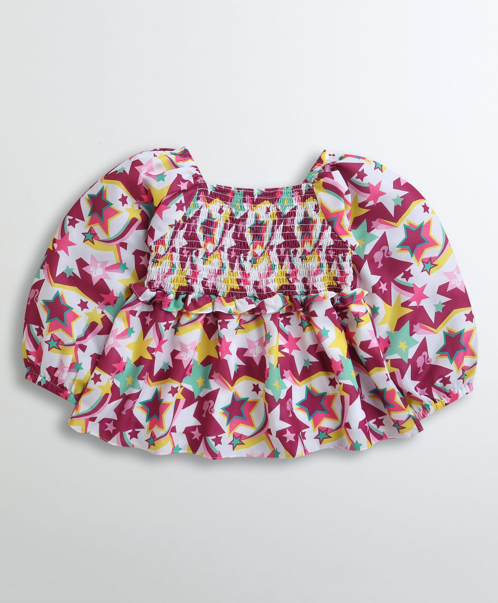 Barbie by Tiny Girl Woven Mattel Featuring Full Puffed Sleeves Barbie Logo & Stars Printed Top - Wine-picture-27