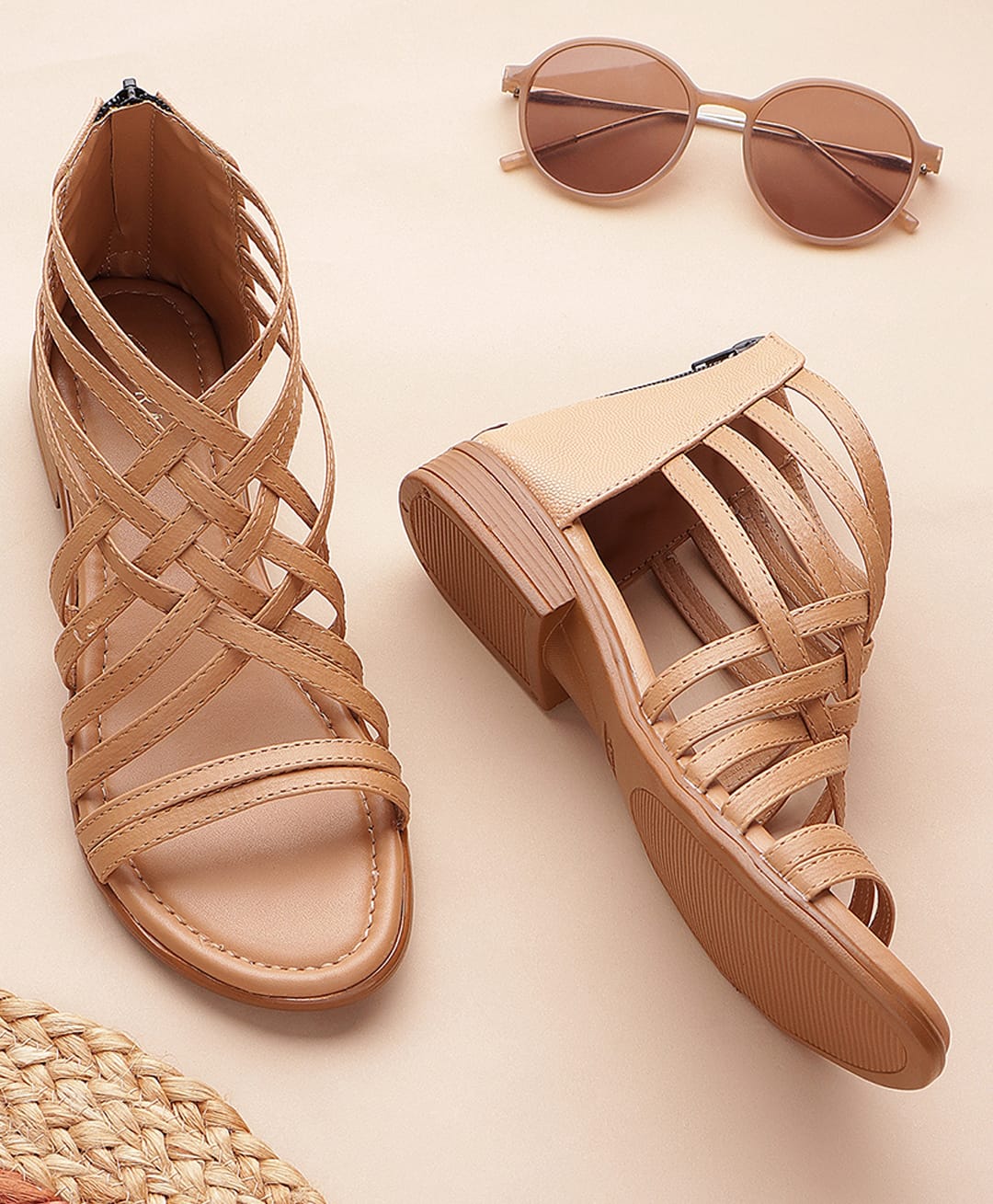 TRASE Strap Detailed Solid Zip Closure Sandals - Beige-picture-13