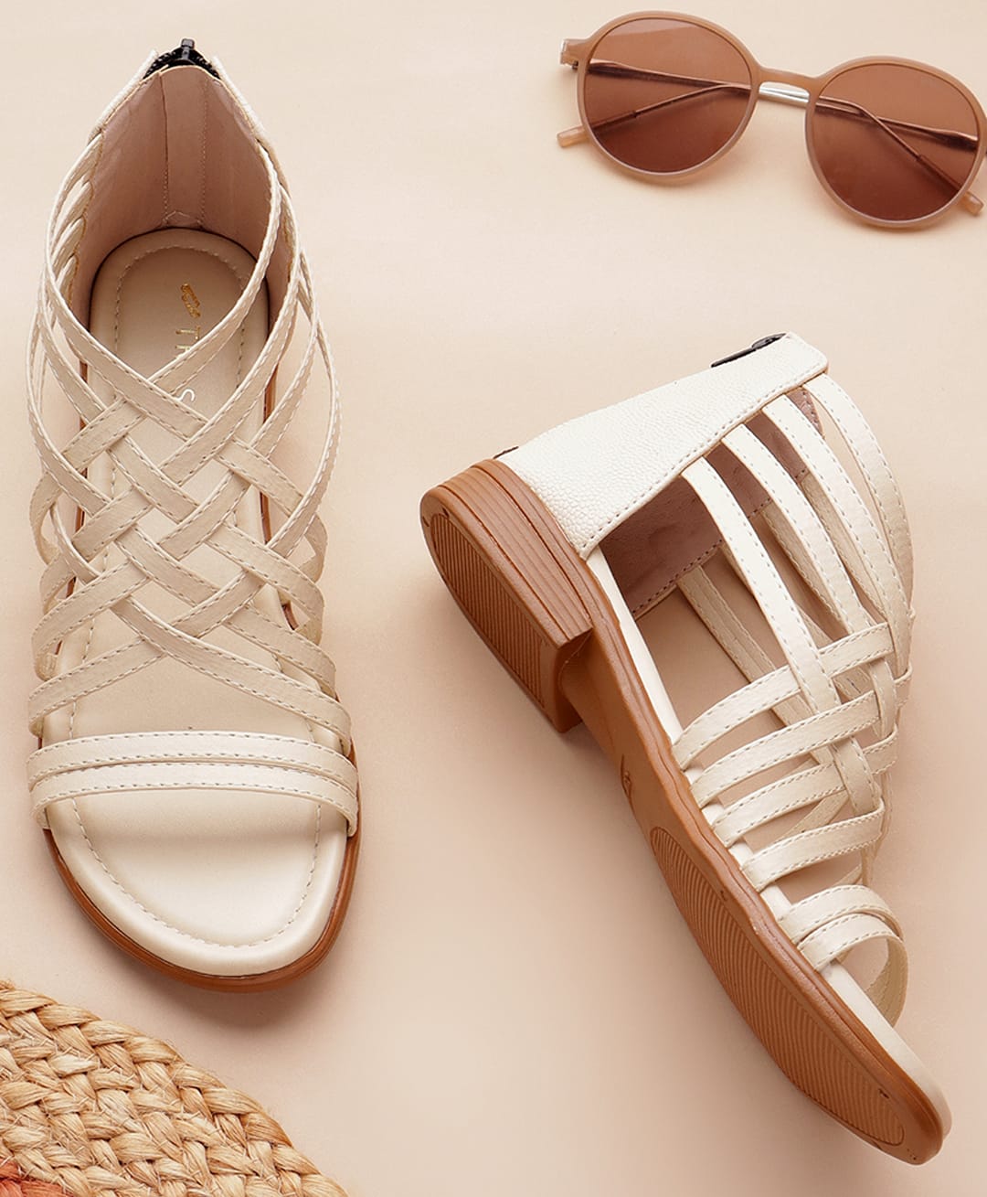 TRASE Strap Detailed Solid Zip Closure Sandals - Cream-picture-11