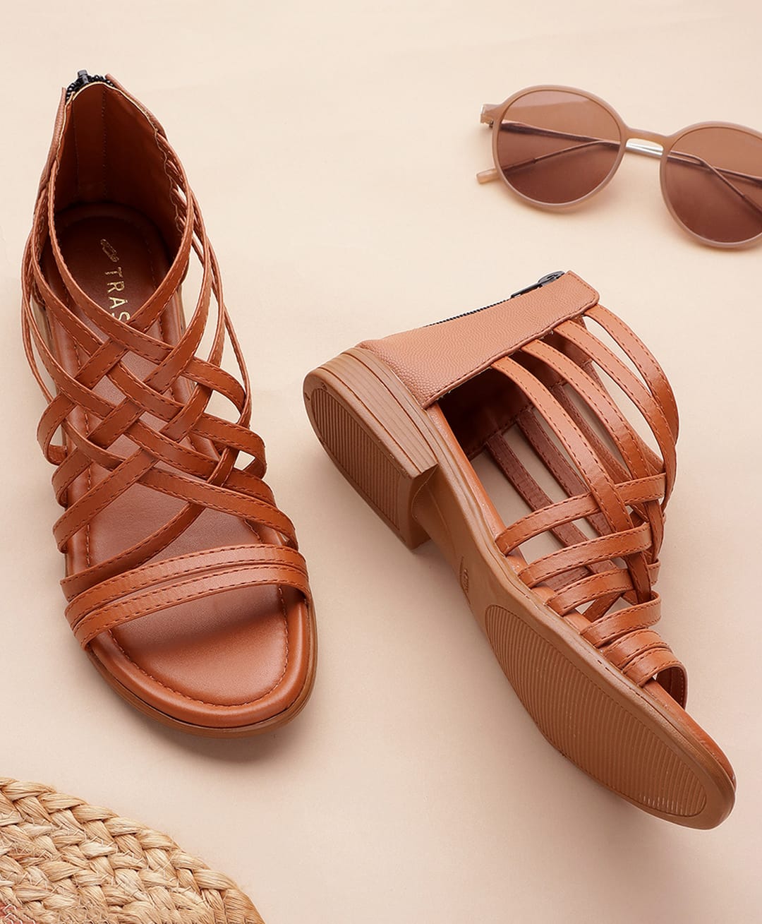 TRASE Strap Detailed Solid Zip Closure Sandals - Tan-picture-11