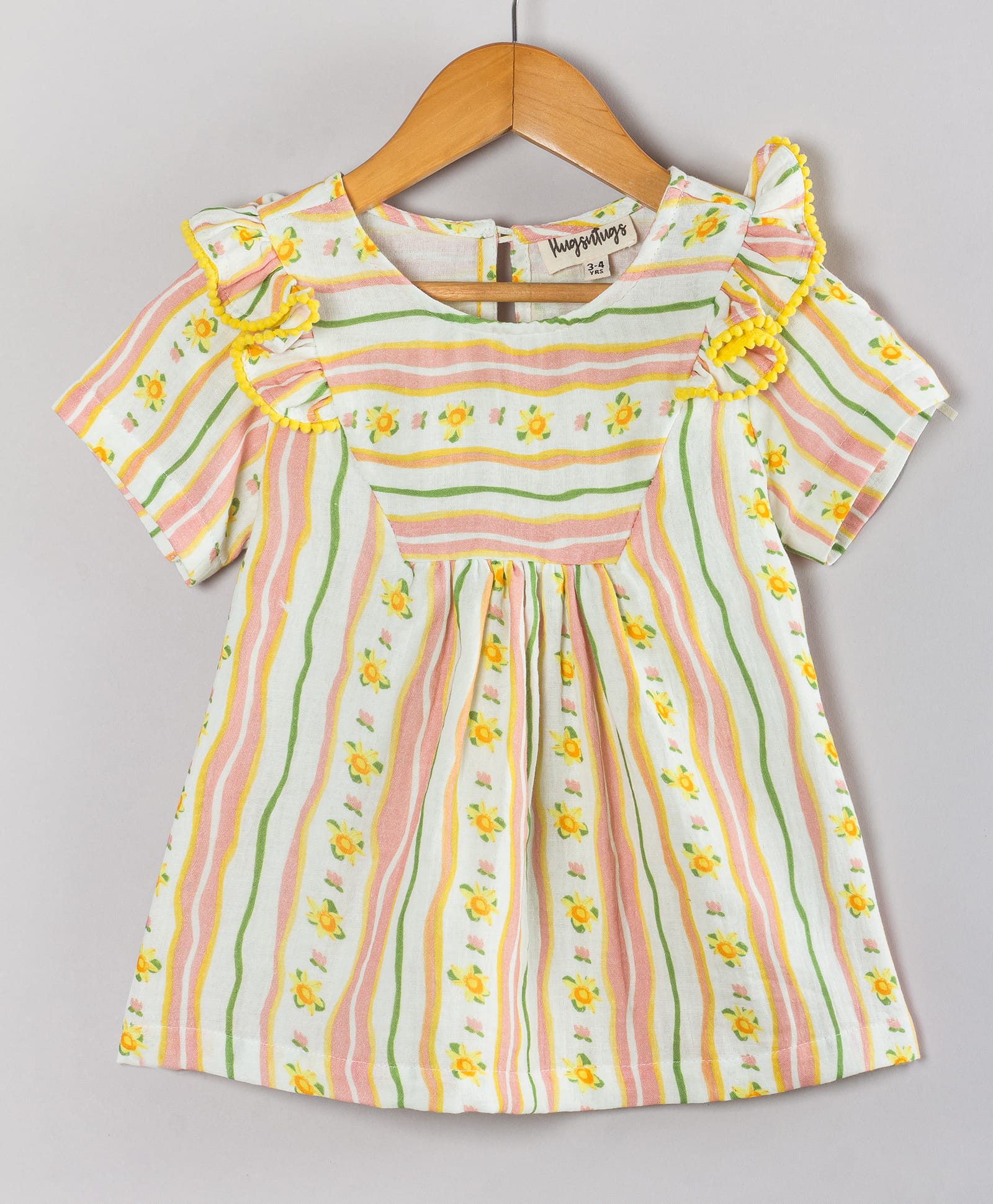 Hugsntugs Cotton Woven Half Sleeves Striped & Floral Printed Frill Detailed Top - Yellow-picture-27