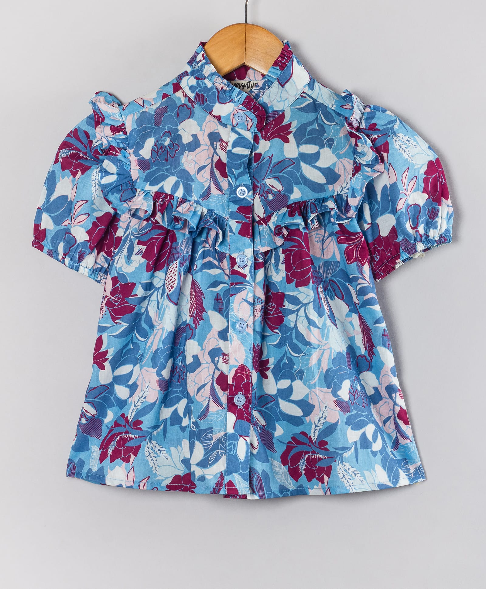 Hugsntugs Cotton Woven Half Sleeves Floral Printed Shirt Style Top - Blue-image-38