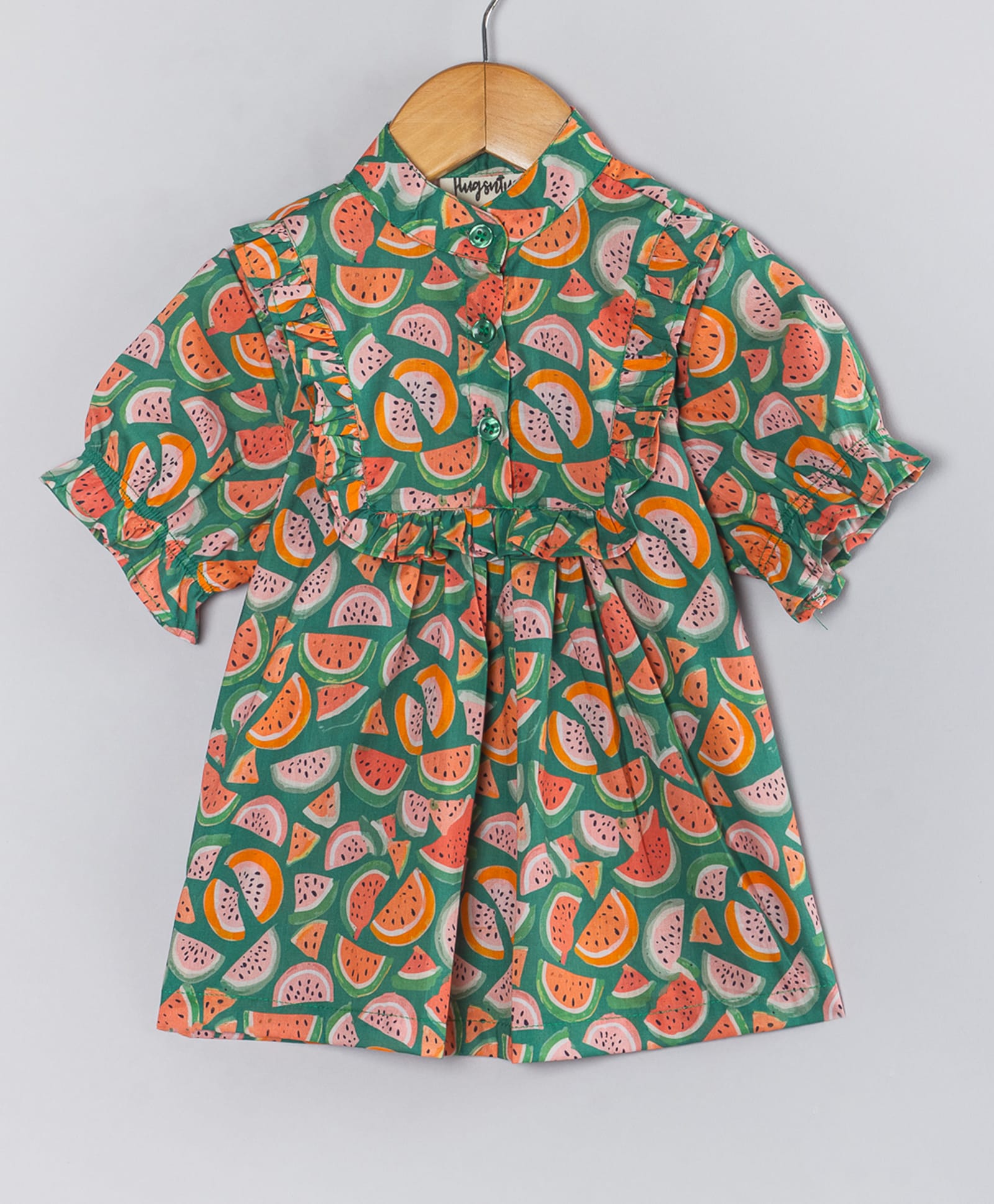 Hugsntugs Cotton Woven Half Sleeves Watermelon Printed Shirt Style Top - Green-picture-24