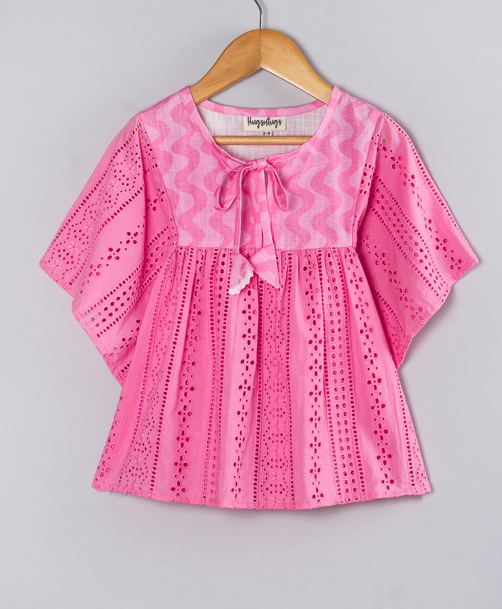 Hugsntugs Cotton Woven Half Cape Sleeves Floral Designed Schiffli Embroidered Top - Pink-image-5