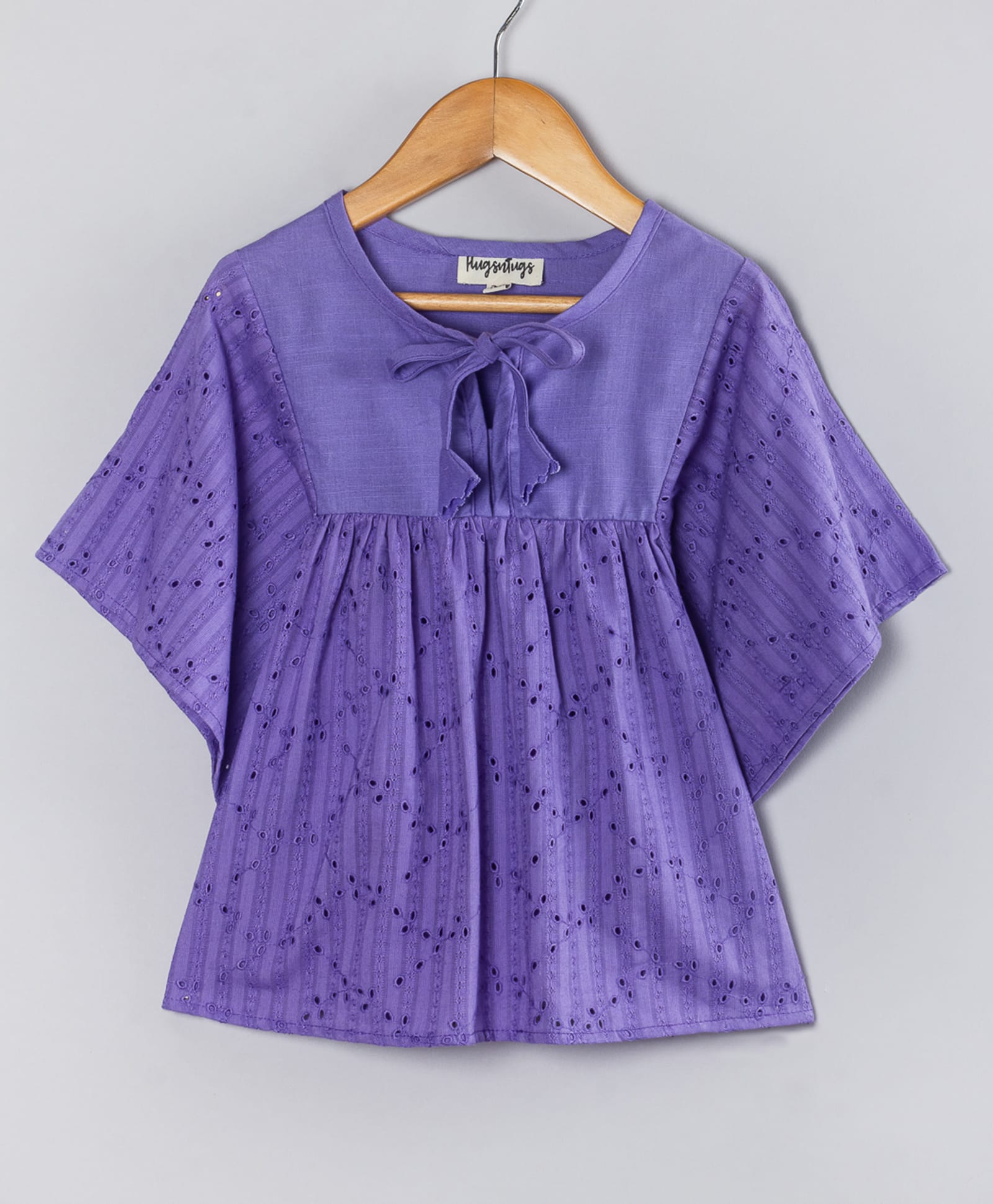 Hugsntugs Cotton Woven Half Cape Sleeves Schiffli Embroidered Top - Purple-image-48