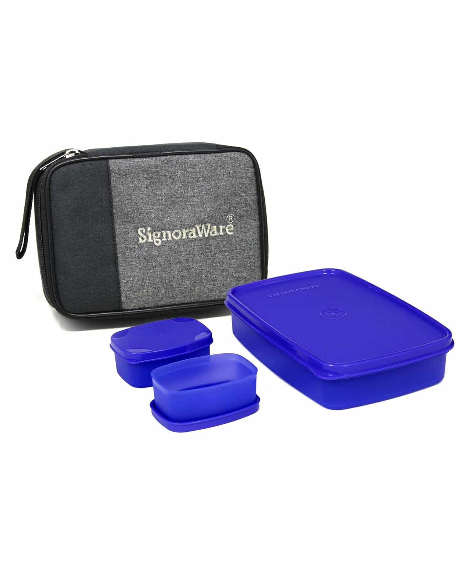 SignoraWare Compact Lunch Box Set of 3 With Zipered Bag, Bpa Free Plastic, Microwave Safe Food Grade Tiffin Boxes Office School, Leak Proof Air Tight (850ml+100ml+100ml, Rectangular, Blue)-image-26