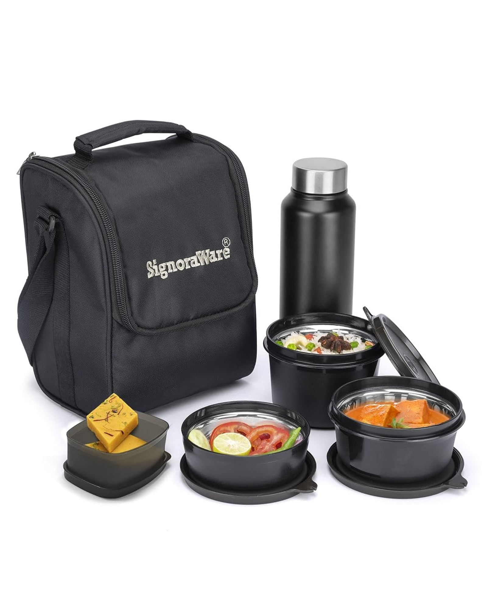 signoraware Signora Ware Monarch Premium Microwave Safe Lunch Box (3 Stainless Steel Containers + Pickle Box + Steel Bottle + Insulated Bag, 500Ml+350Ml+200Ml+100Ml +700Ml Bottle,Set of 5,Black Office Series)-picture-18