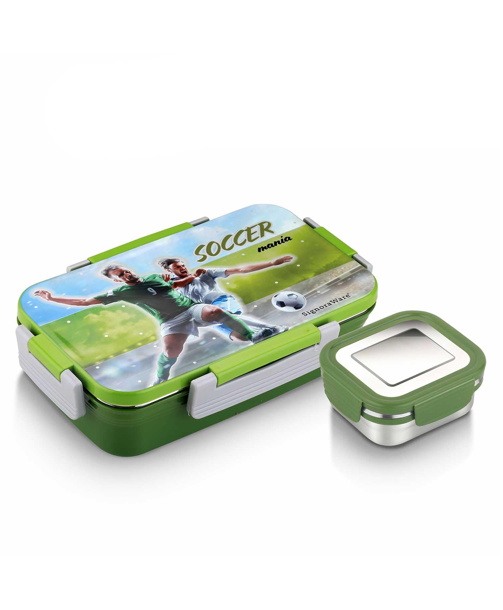 SignoraWare Nugget Stainless Steel Printed Lunch Box with Clip Lock Lid | Airtight & Leakproof | Maintain Crispness | Ideal for Kids | Great for Picnic & Outdoor Activities (700ml + 130ml | Green)-picture-5