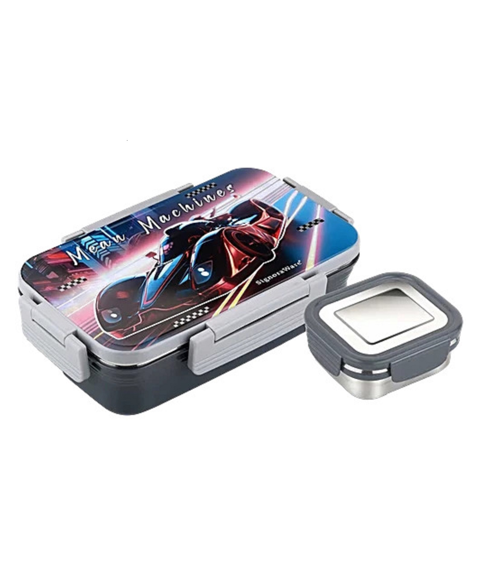 SignoraWare Nugget Stainless Steel Printed Lunch Box with Clip Lock Lid | Airtight & Leakproof | Maintain Crispness | Ideal for Kids | Great for Picnic & Outdoor Activities (700ml + 130ml | Black)-image-2