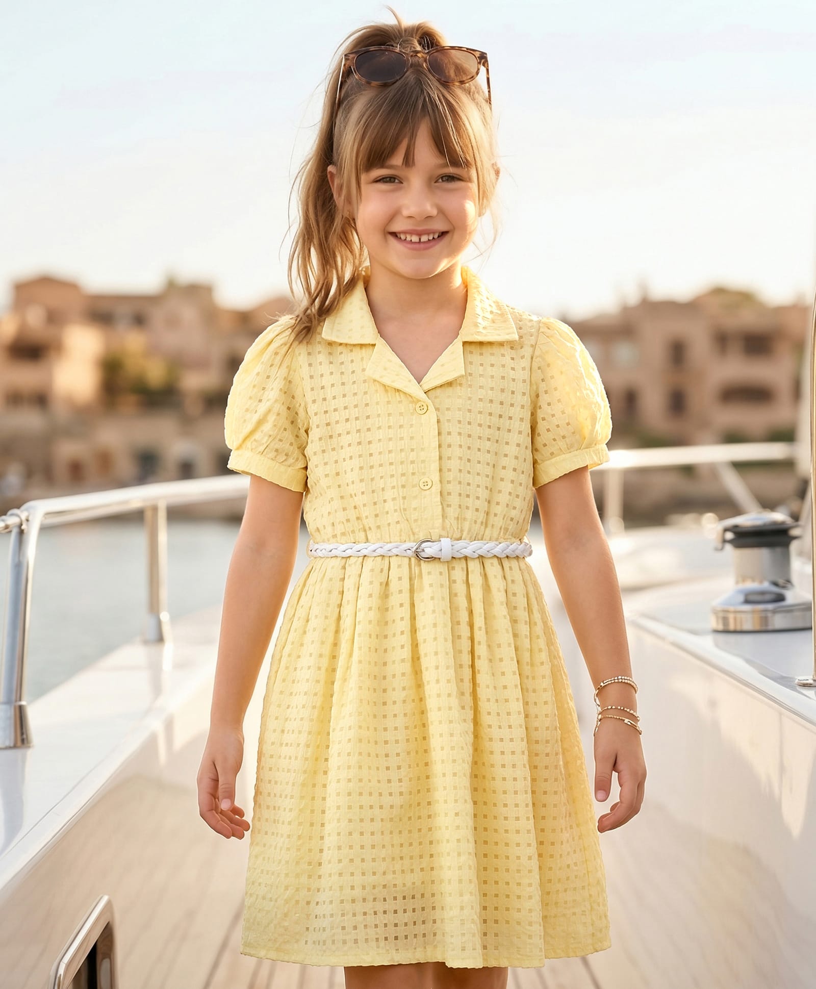 Hola Bonita Woven Half Sleeves Fit & Flare Checks Dress & Belt - Yellow-image-4