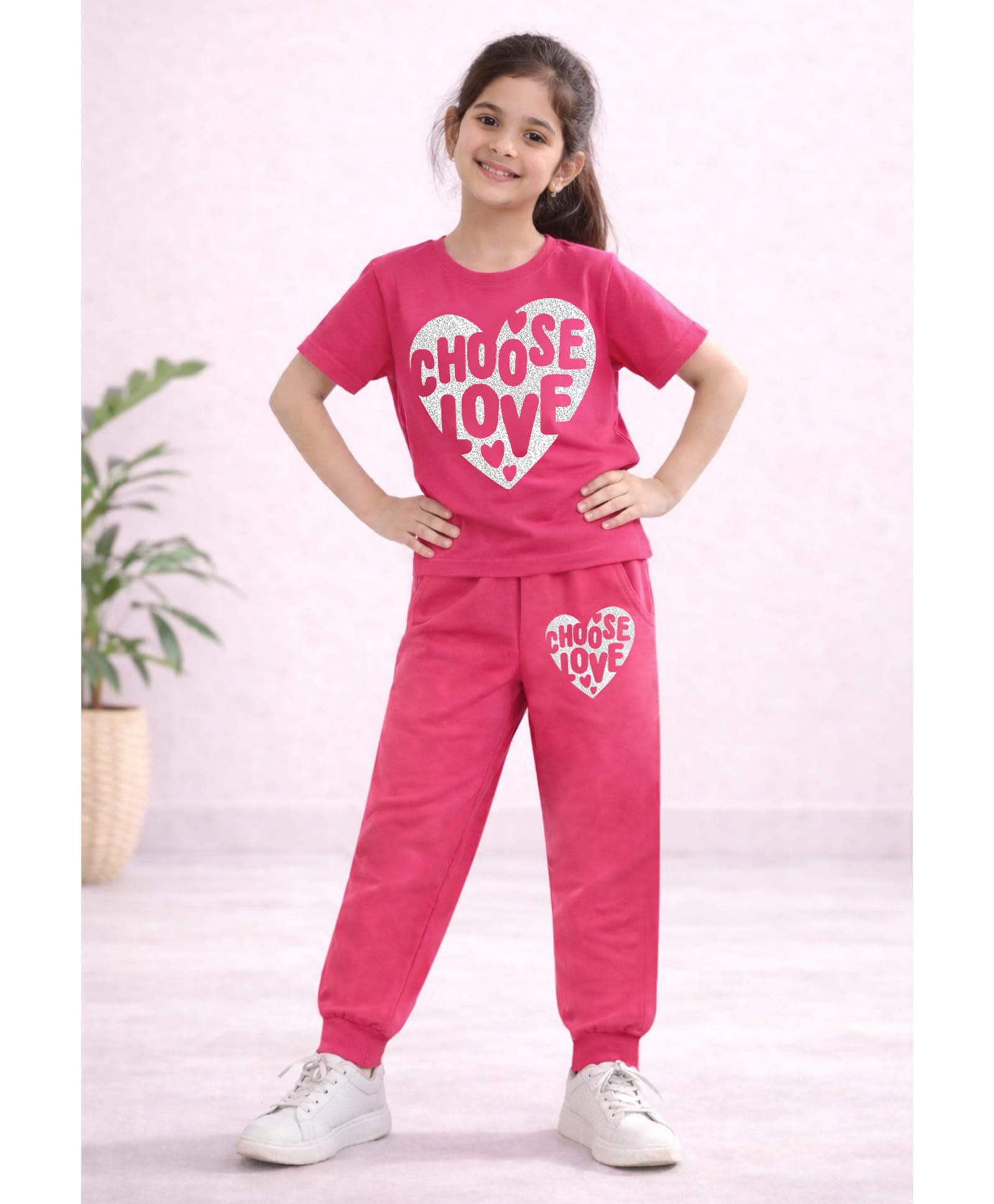 Trampoline Cotton Blend Knit Half Sleeves Choose Love Text Printed Tee & Track Pants Set - Pink-image-16