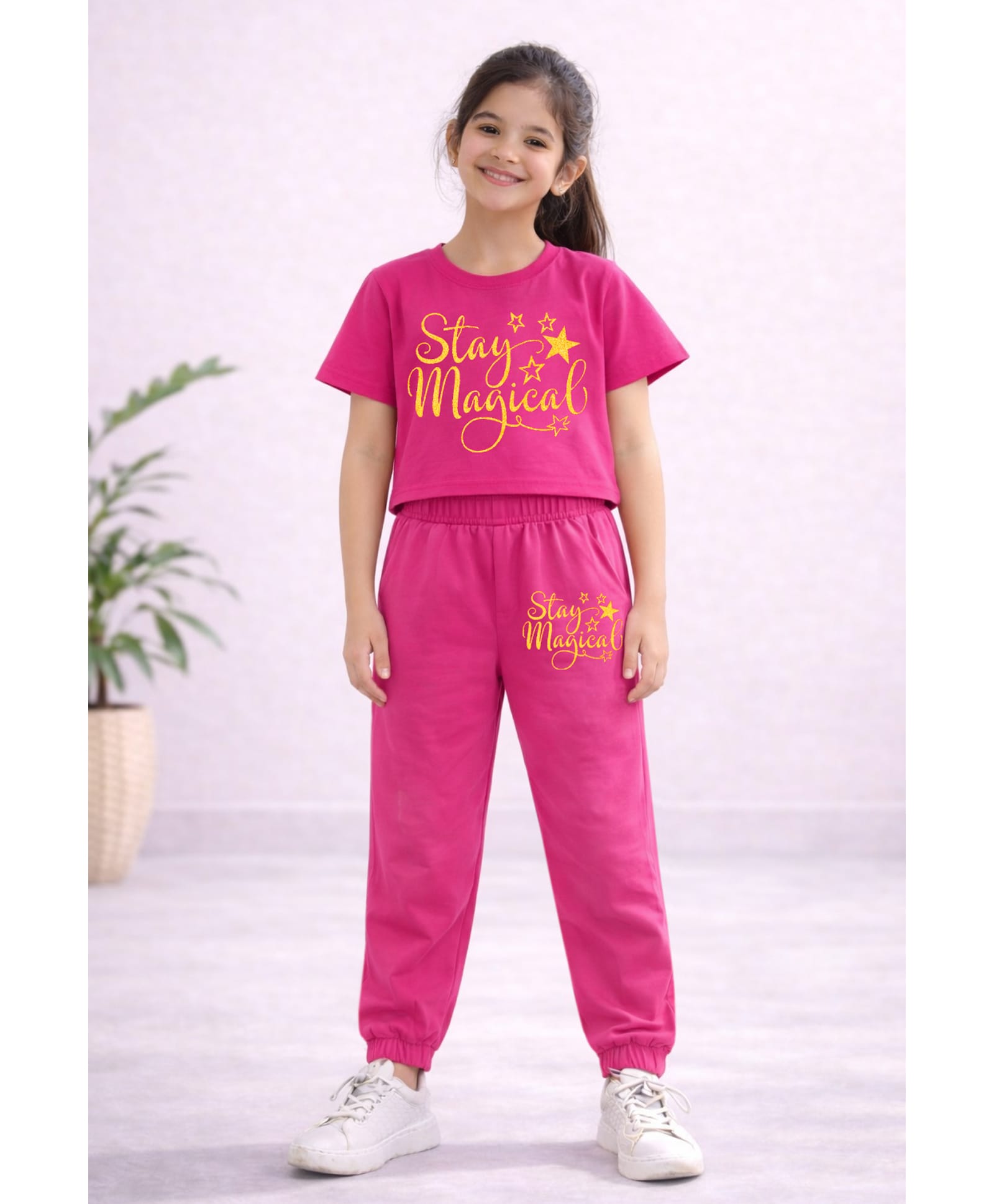 Trampoline Cotton Blend Knit Half Sleeves Stay Magical Text Printed Crop Top & Sweatpants Set - Pink-image-5