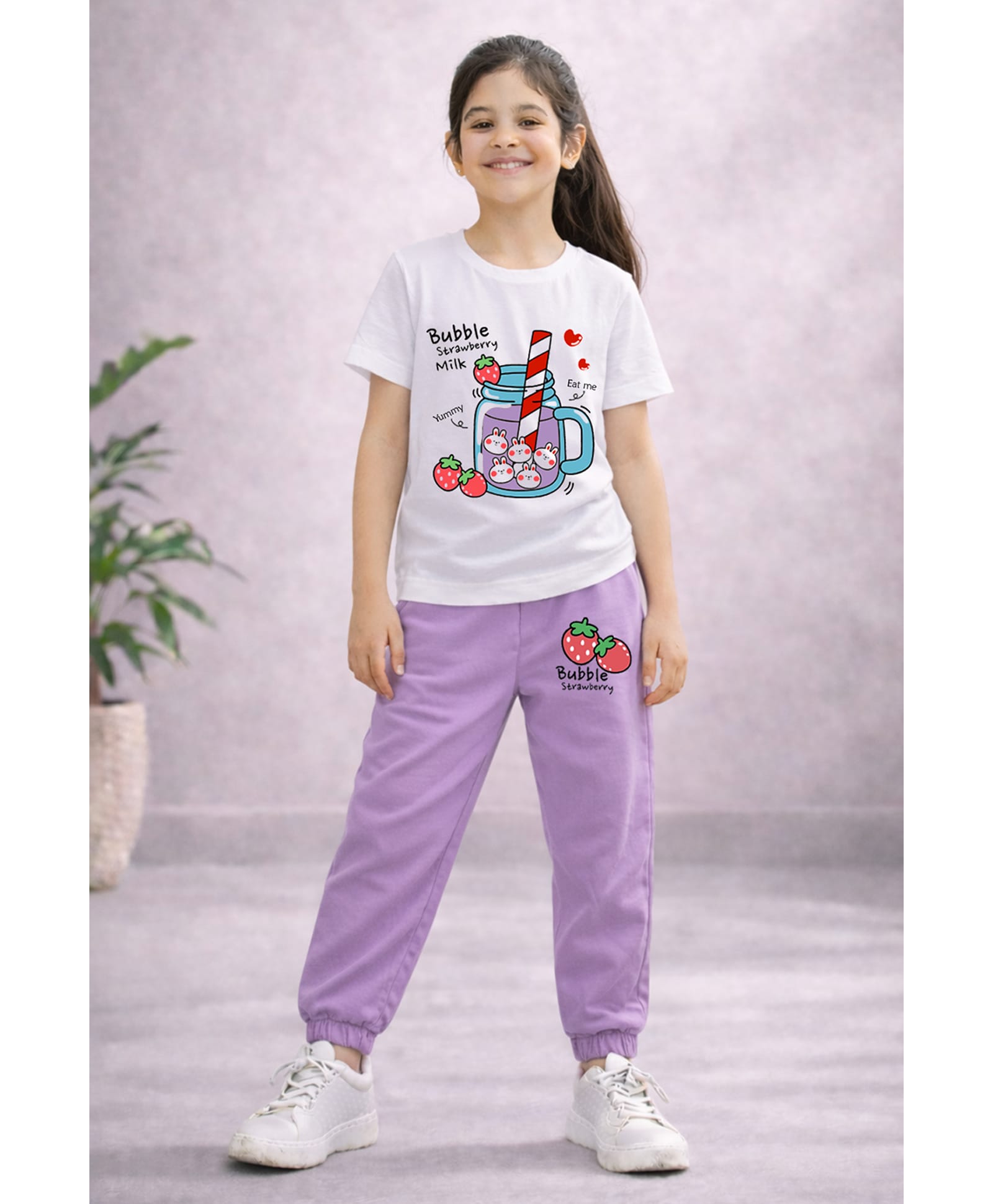 Trampoline Cotton Blend Knit Half Sleeves Bubble Strawberry Milk Text Printed Tee & Sweatpants Set - White & Purple-image-40