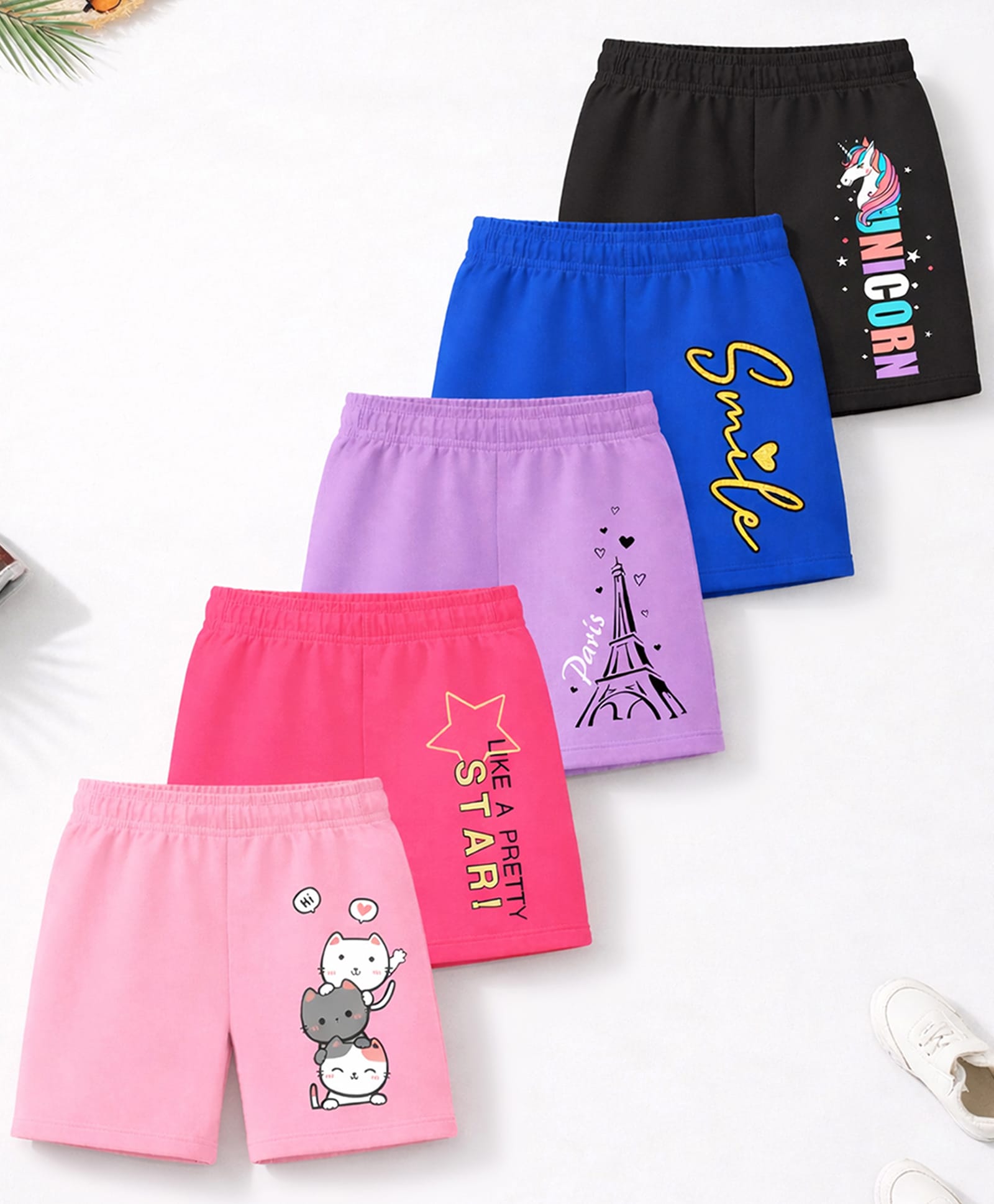 Trampoline Cotton Blend Knit Pack Of 5 Unicorn Cats & Typography Printed Shorts - Multi Colour-picture-10
