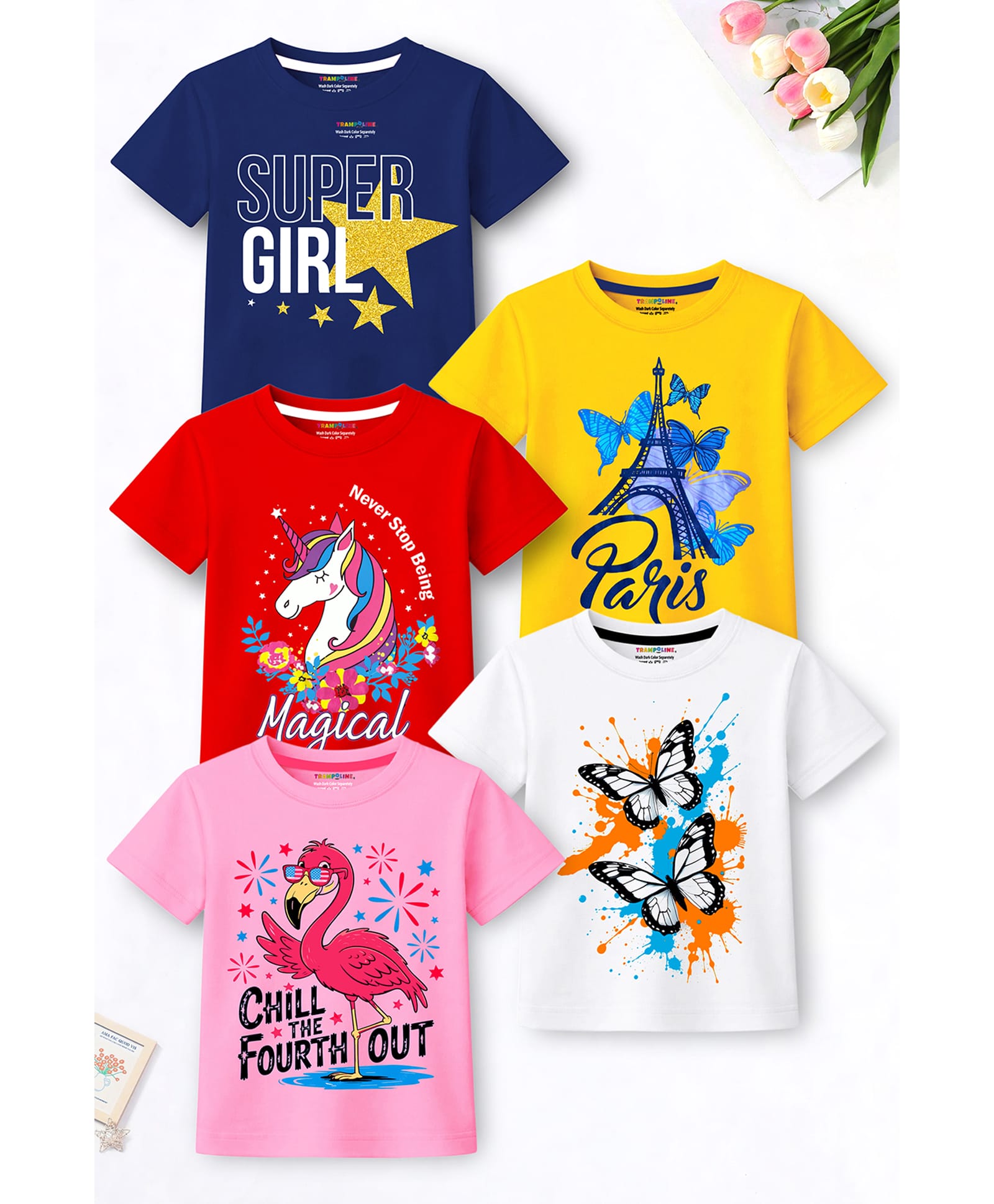 Trampoline Cotton Blend Knit Pack Of 5 Half Sleeves Unicorn & Butterfly Printed Tees - Multi Colour-image-45